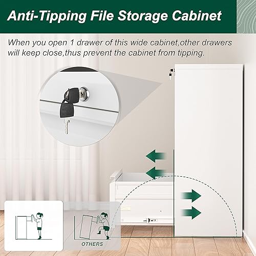 Miniatura 4 de Superday Archivador lateral de 3 cajones, archivadores blancos con cerradura, archivadores de metal con bloqueo, archivador de tres cajones