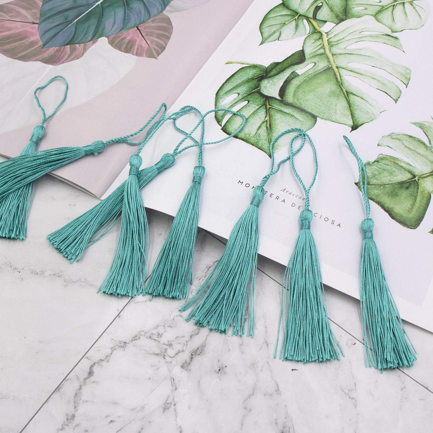 VAPKER 100 Pieces Turquoise Color 13cm/5-Inch Silky Handmade Soft Tassels Floss Bookmark Tassels with 2-Inch Cord Loop for Jewelry Making, DIY Projects, Bookmarks