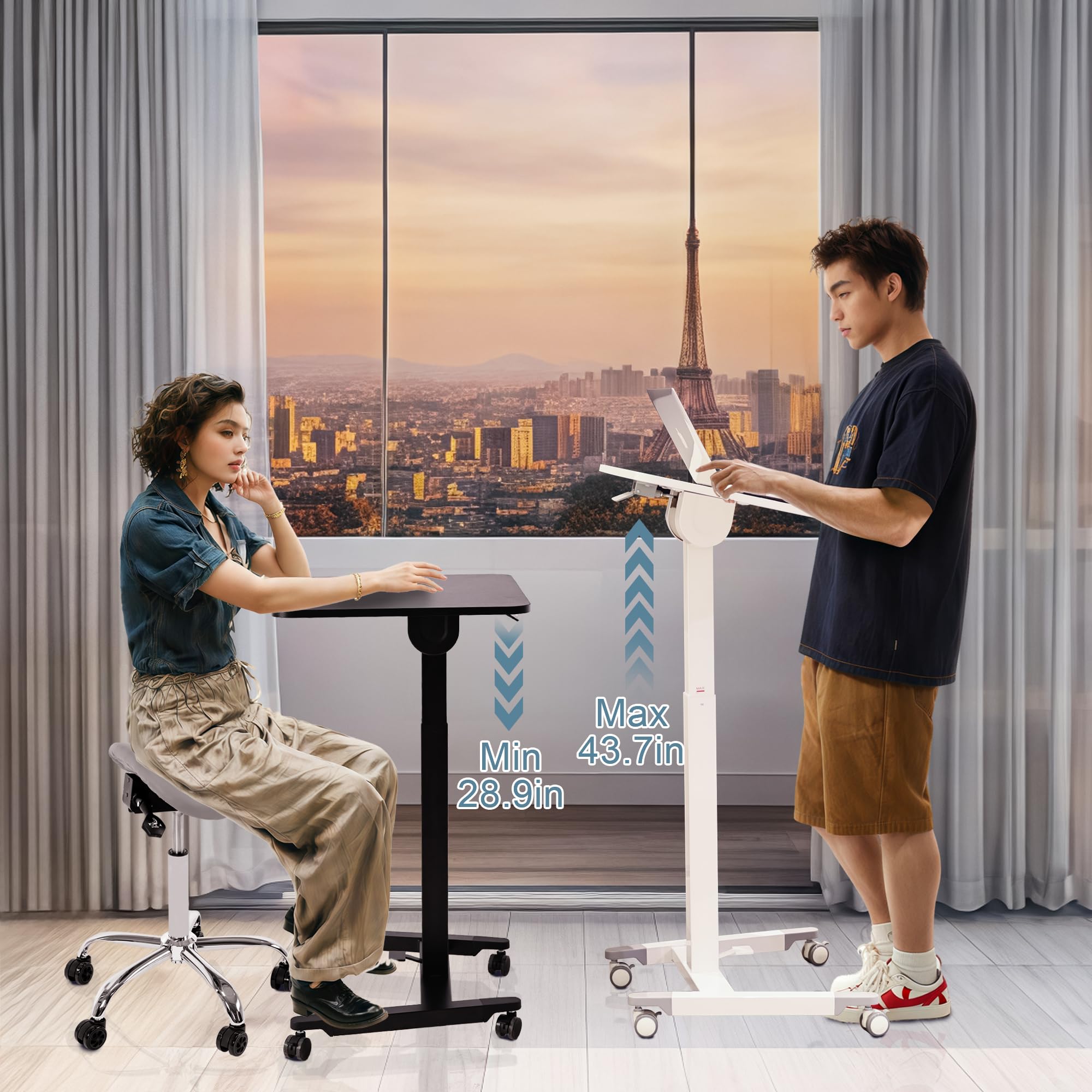 Fromann Mesa neumática ajustable para cama con ruedas, plegable, altura de elevación del pedal ajustable de 73,5 a 110 cm, para sala de estar, dormitorio (color negro)