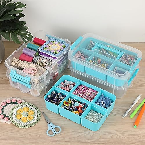 Miniatura 5 de JUXYES Caja de almacenamiento apilable de 4 niveles con 2 bandejas divididas, contenedor de almacenamiento apilable transparente con asa y tapa con