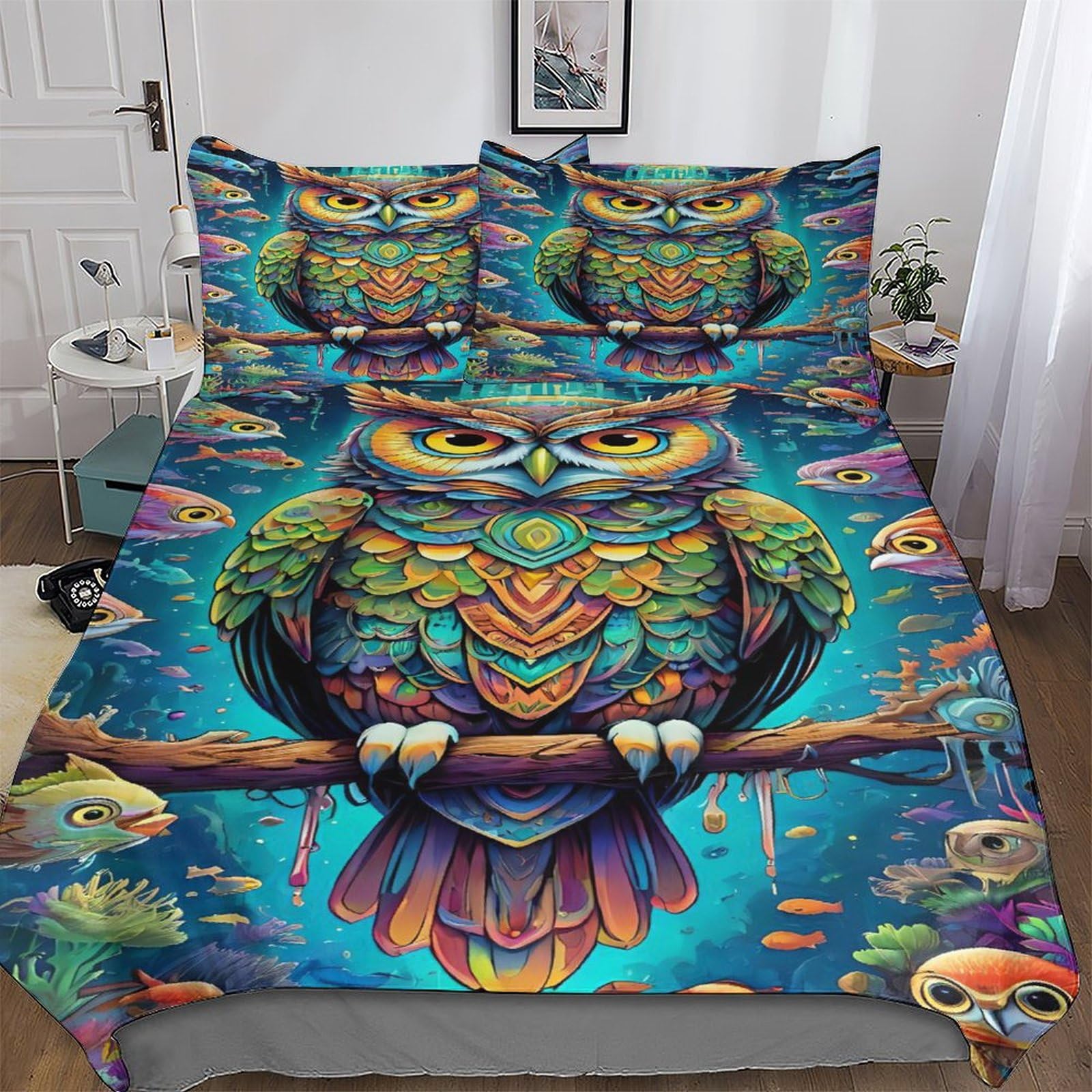 Housse de couette hibou anti-pli en microfibre douce parure de lit 220x240 sans repassage
