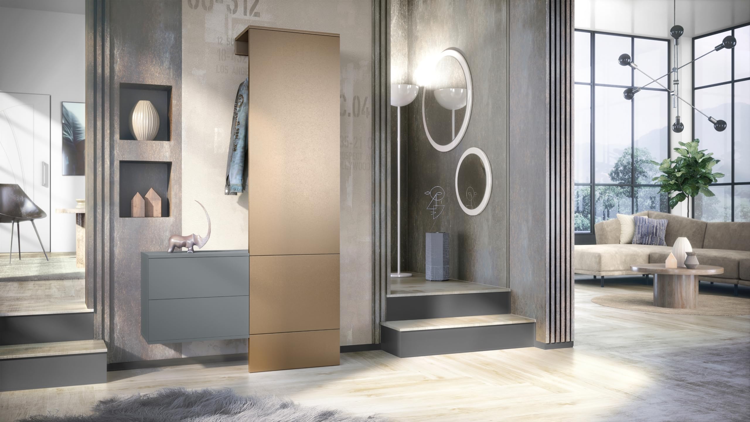 Vladon Garderobe Carlton Set 2, Made in Germany, Wandgarderobe aus Deko-Paneel & hängender Schubladen-Kommode, Anthrazit matt/Bronze Optik (105 x 193 x 35 cm)