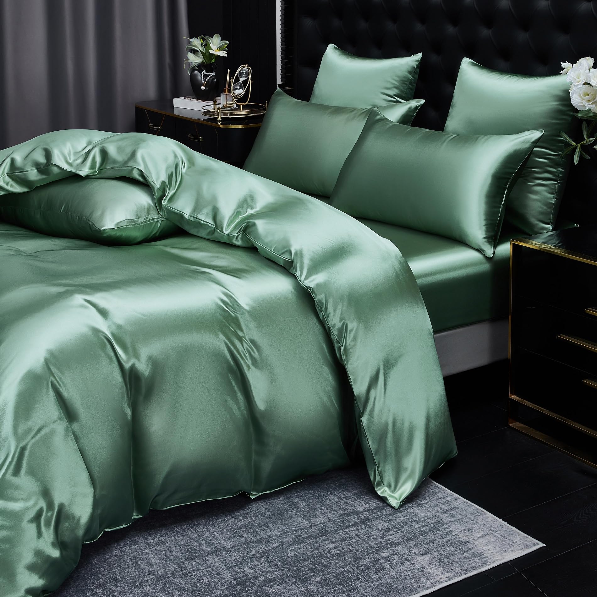 Biancheria da letto in raso 200x220 Verde erba brillante tinta unita satinata biancheria da letto lucida e liscia set di copripiumino deluxe morbido e setoso 3 pezzi con cerniera e 2 federe