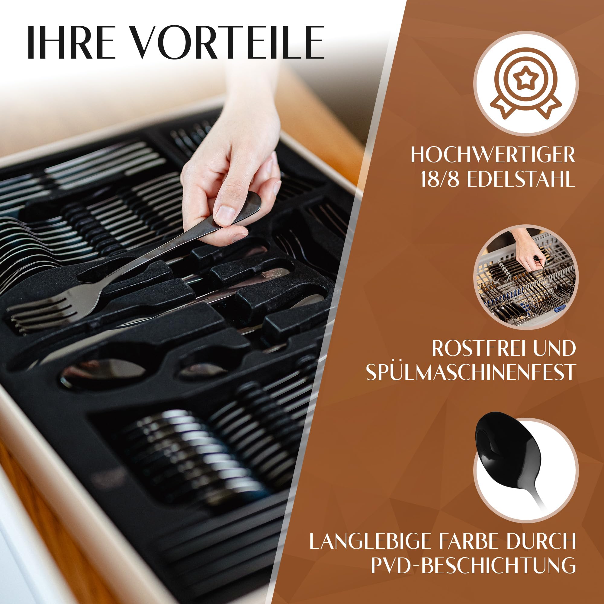 Glavory Lumina - Besteck Set 6 Personen Schwarz Hochglanz - 30teilig - Besteckset Spülmaschinenfest aus rostfreiem 18/8 Edelstahl - Schwarzes Besteck mit edler Verpackung