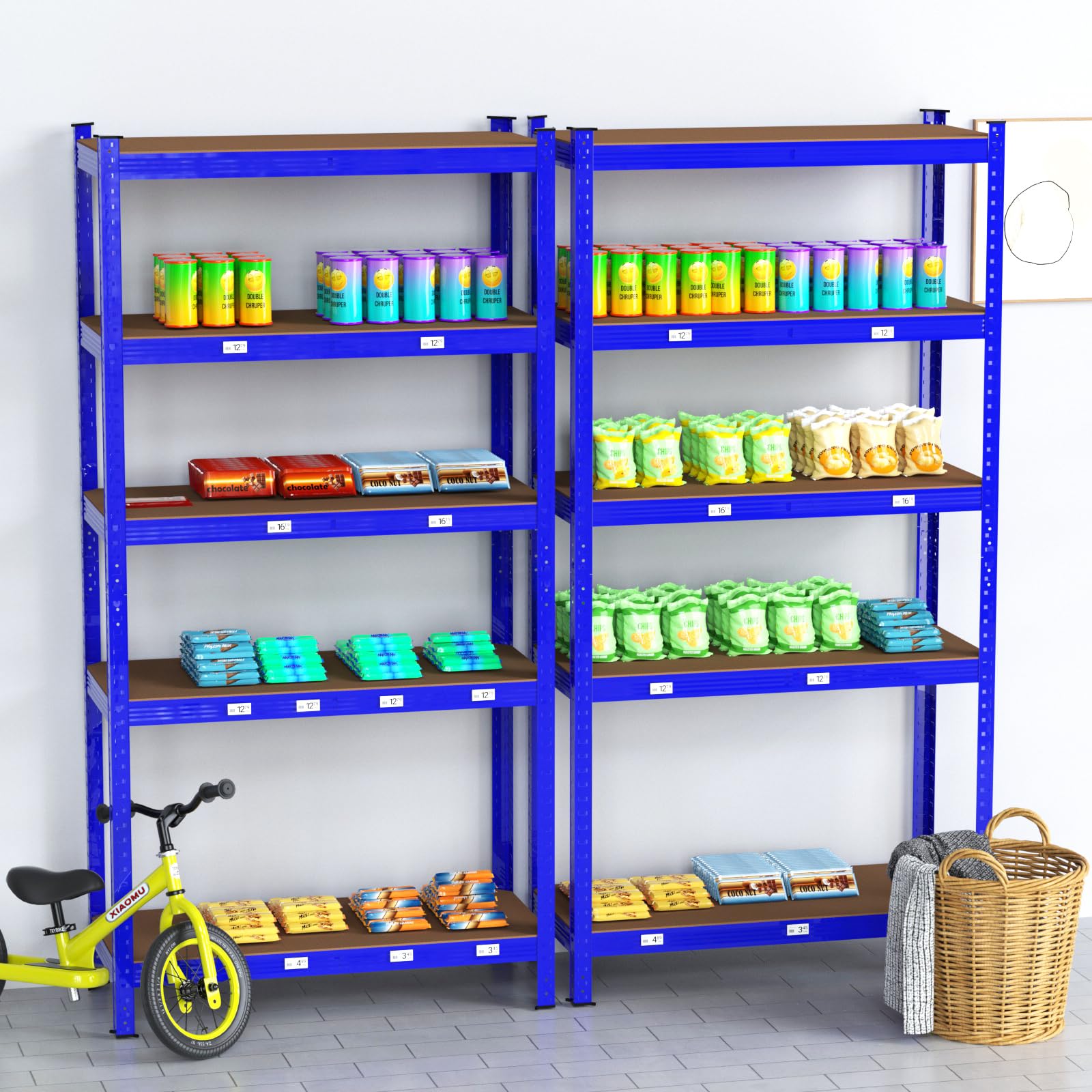 Heavy-Du - Scaffalatura a 5 ripiani senza bulloni, confezione da 2, facile da montare, 170 x 75 x 30 cm, capacità 875 kg, ripiani blu per casa e ufficio