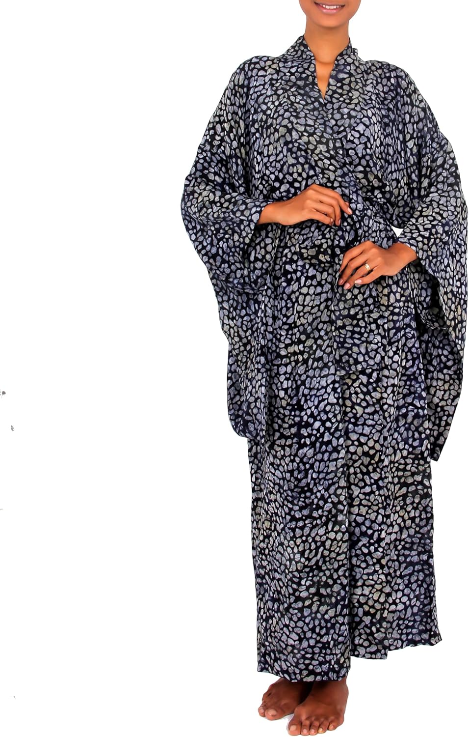 NOVICA Artisan Handmade Rayon Batik Robe Women's Gray Black with Kimono Sleeves Clothing Grey Patterned Indonesia ' Borneo Slate'
