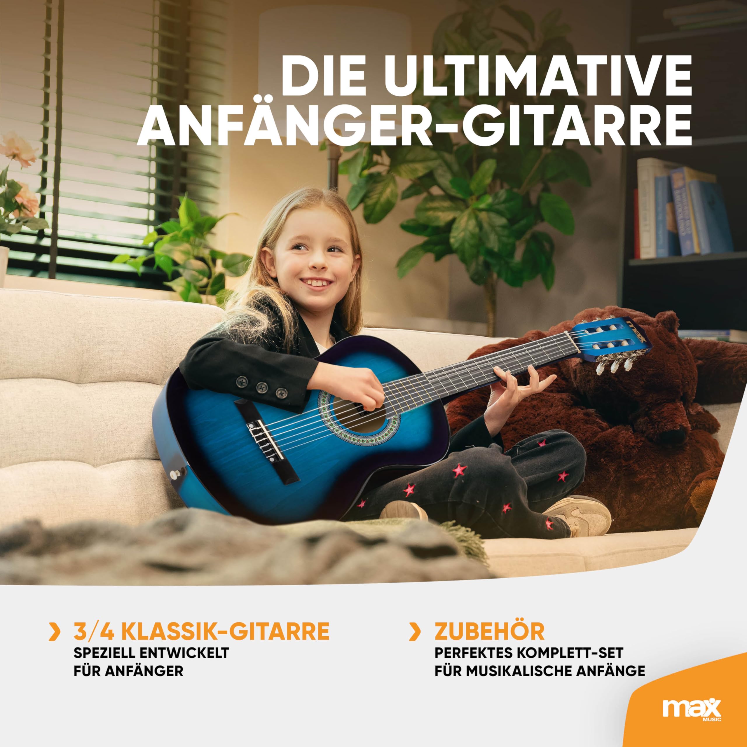 MAX SoloArt Junior - Akustik Gitarre 3/4, Kinder Gitarre inkl. Stimmgerät, Ständer, Tasche, Plektrum, Gurt und Saiten-Zubehör, 3/4 Guitar in Holz Blau