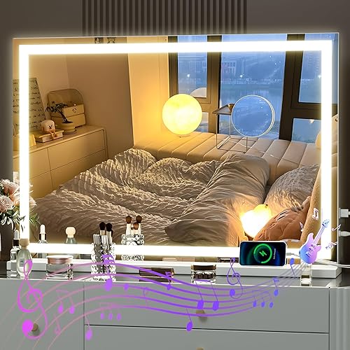 Hasipu Vanity Mirror with Lights and Bluetooth Speaker, 37" x 26" LED Makeup Mirror, Lighted Makeup Mirror with Dimmable 3 Modes, Touch Screen