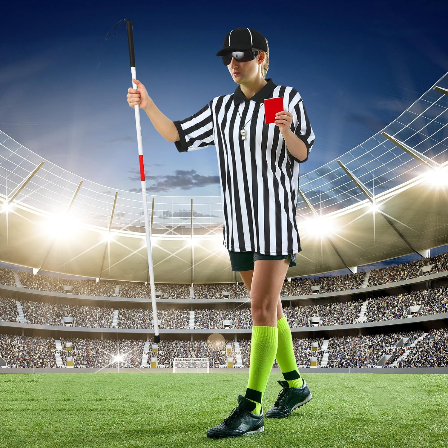 6 Pcs Men's Referee Shirt Blind Referee Costume Kit Folding Blind Cane Ref Hat Glasses Whistle