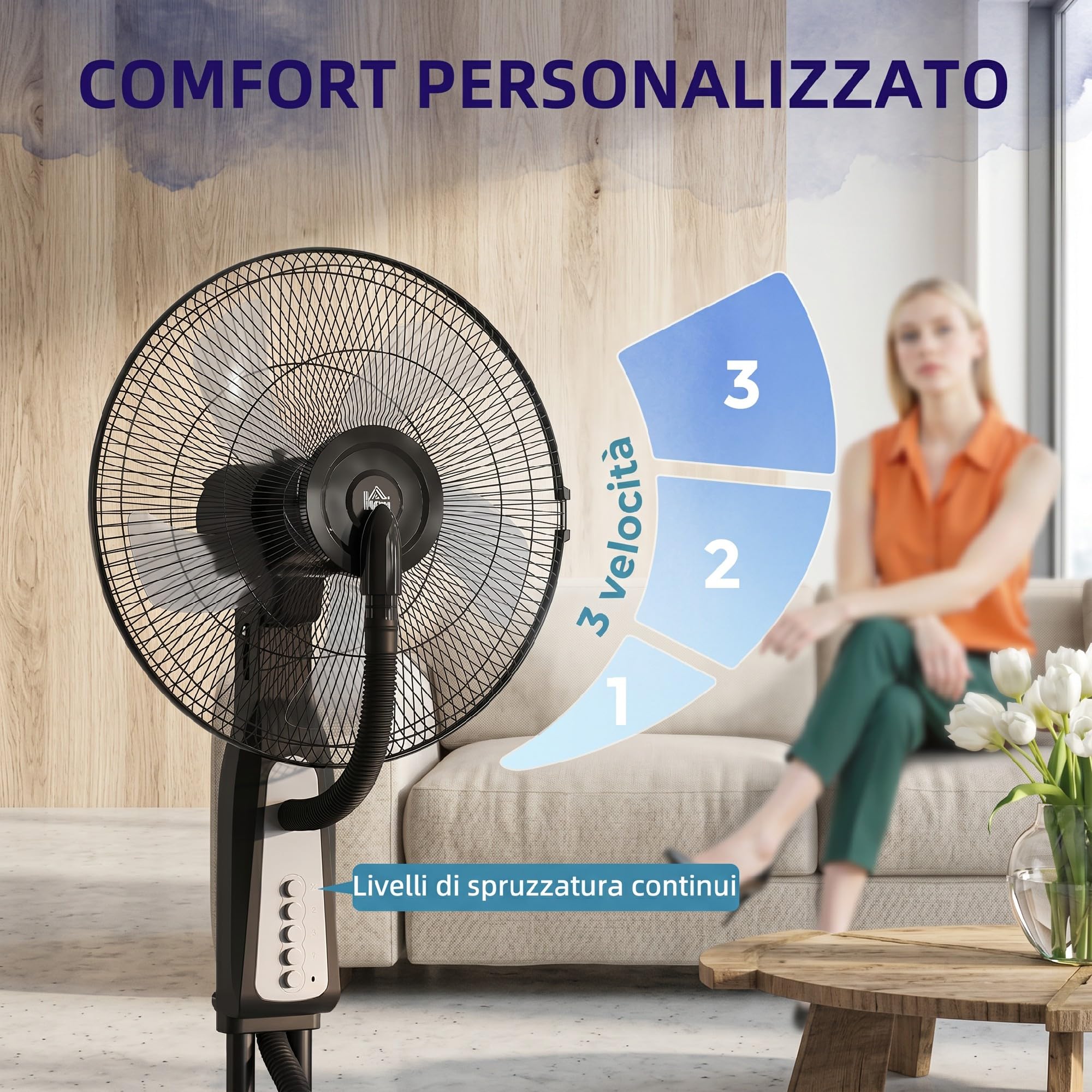 HOMCOM Ventilatore Nebulizzatore con Serbatoio da 3L 50 cm 125 cm Nero | 3 Velocità, Oscillazione 75°, Ventilatore a Piantana, Nebulizzazione Regolabile, Ruote, 90W