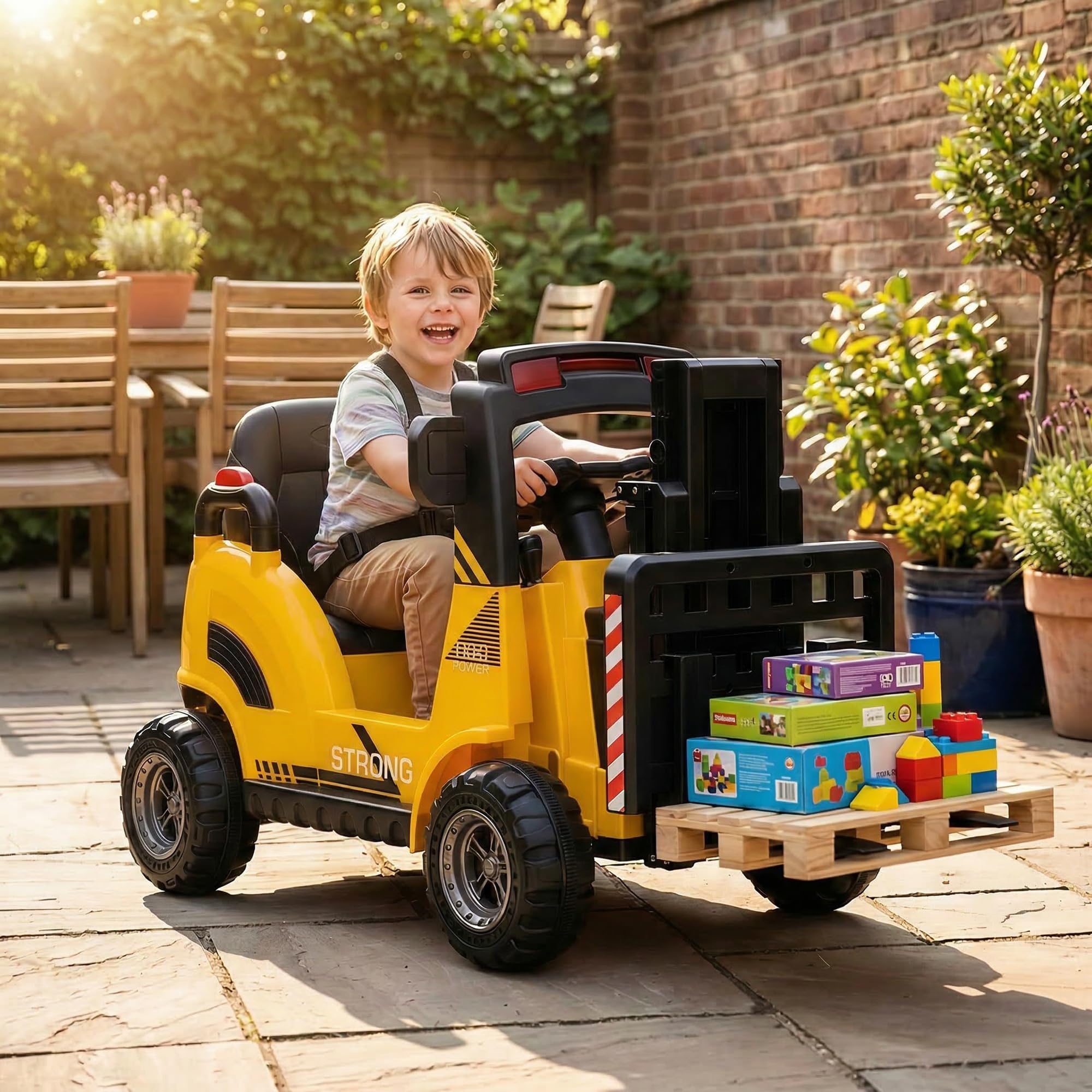 Chariot élévateur électrique Enfant 12V - Fourche réglable + Palette - Télécommande parentale - Musique USB/MP3-2 Vitesses - avec Tente - Dès 3 Ans - Jaune