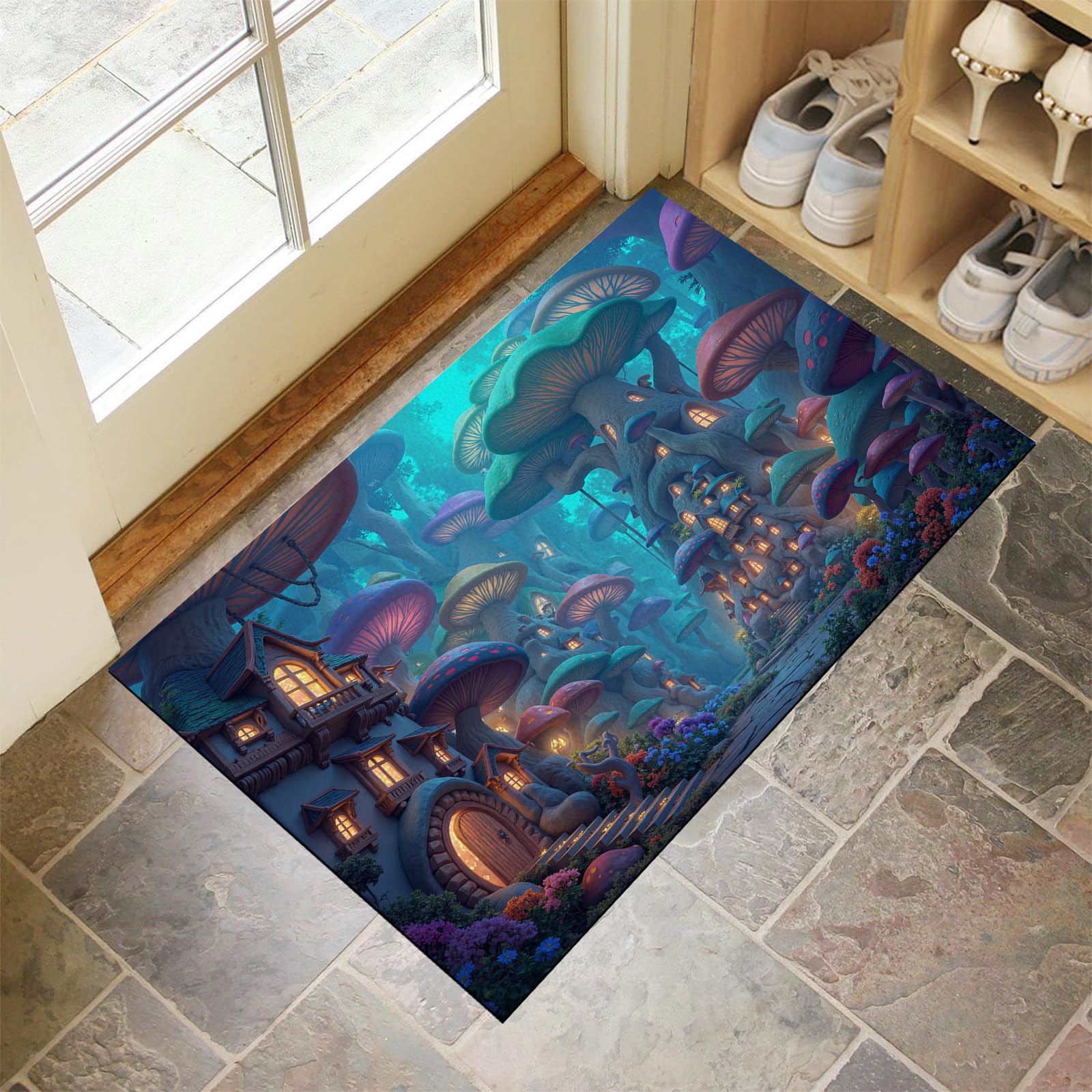 Tapis de salon forêt fantastique et champignons bleu-vert lavable 50x80 cm