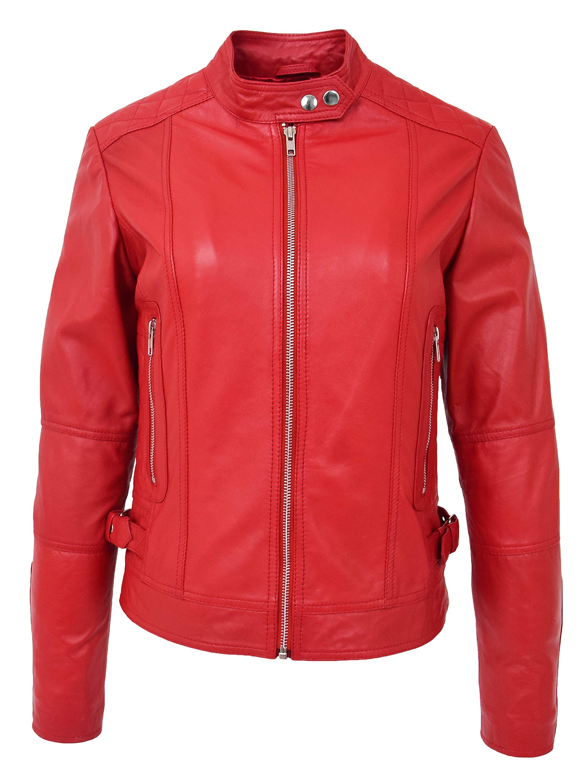 Womens Real Leather Biker Jacket Casual Zip Fastening Style Ruby (18, Red)