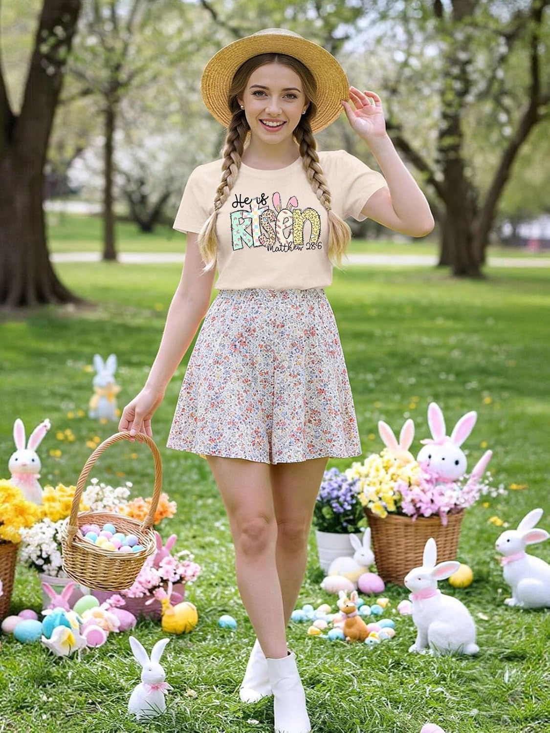 He is Risen Shirt Women Christian Easter Tshirts Cute Bunny Graphic Easter Gifts Short Sleeve Tee Tops - Image 7