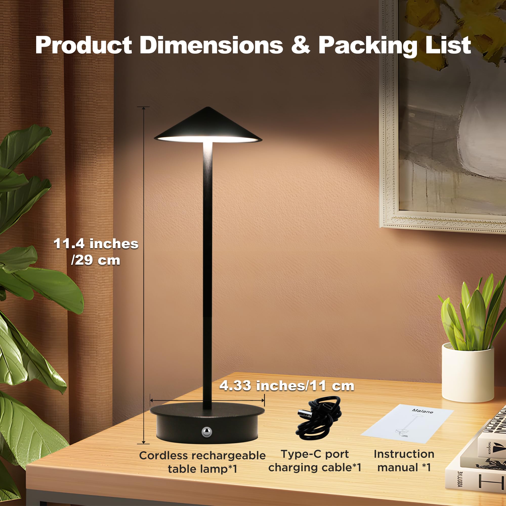 Led Table Lamp Rechargeable Table Lamp Cordless 3000-6000K Dimmable Battery Operated Desk Lamp, 7-12 Hour Battery Life, Bedside Lamp with USB C Charging Cable for Office Home Bedroom Reading Party
