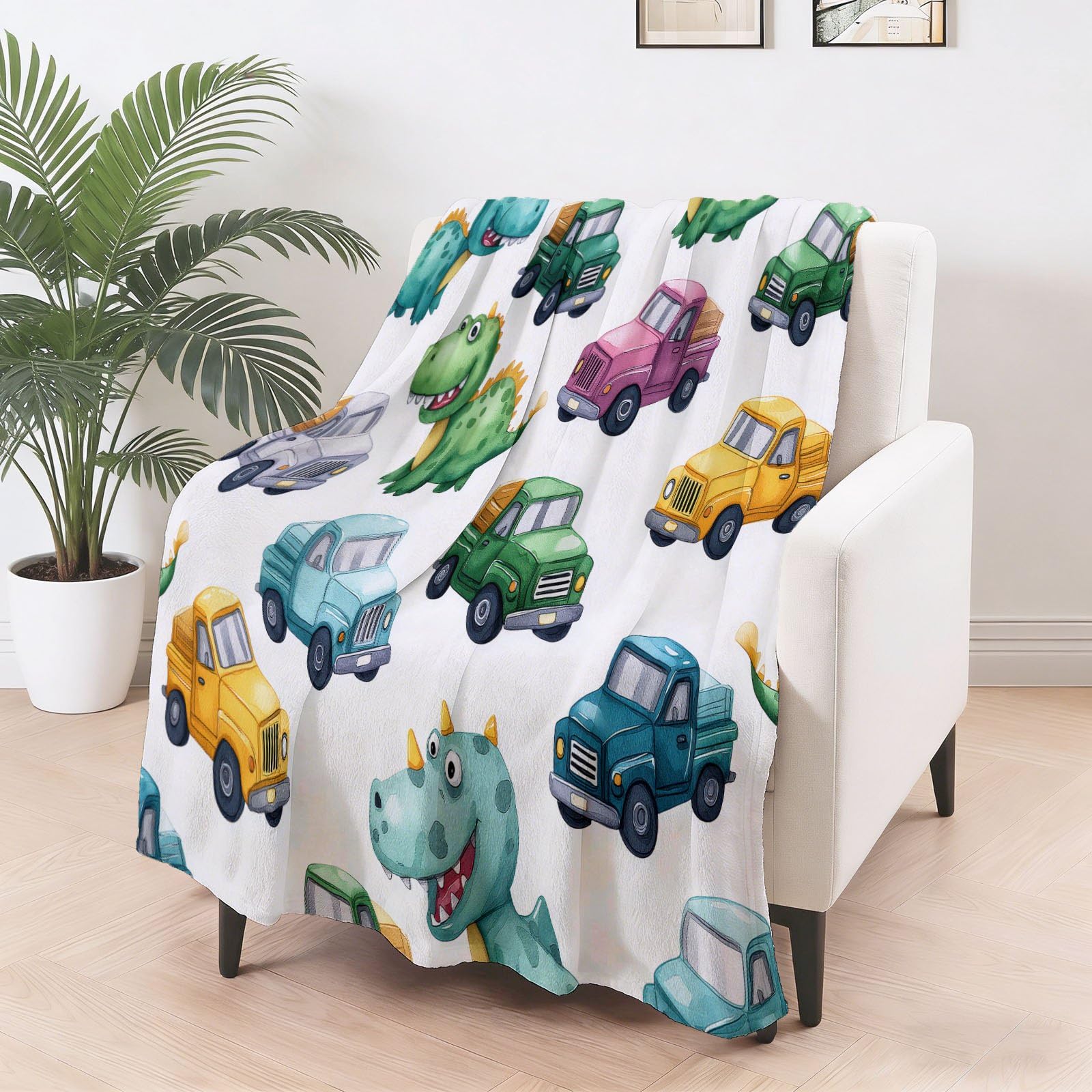 Cartoon Verspielt Kuscheldecke Dinosaurier LKWs Fahrzeuge Decke Tagesdecke Wohndecke Grün, Couchdecke Weich Warm Flauschig, Sofa Decke für Reisen Zelten Outdoor, 150 x 200 cm