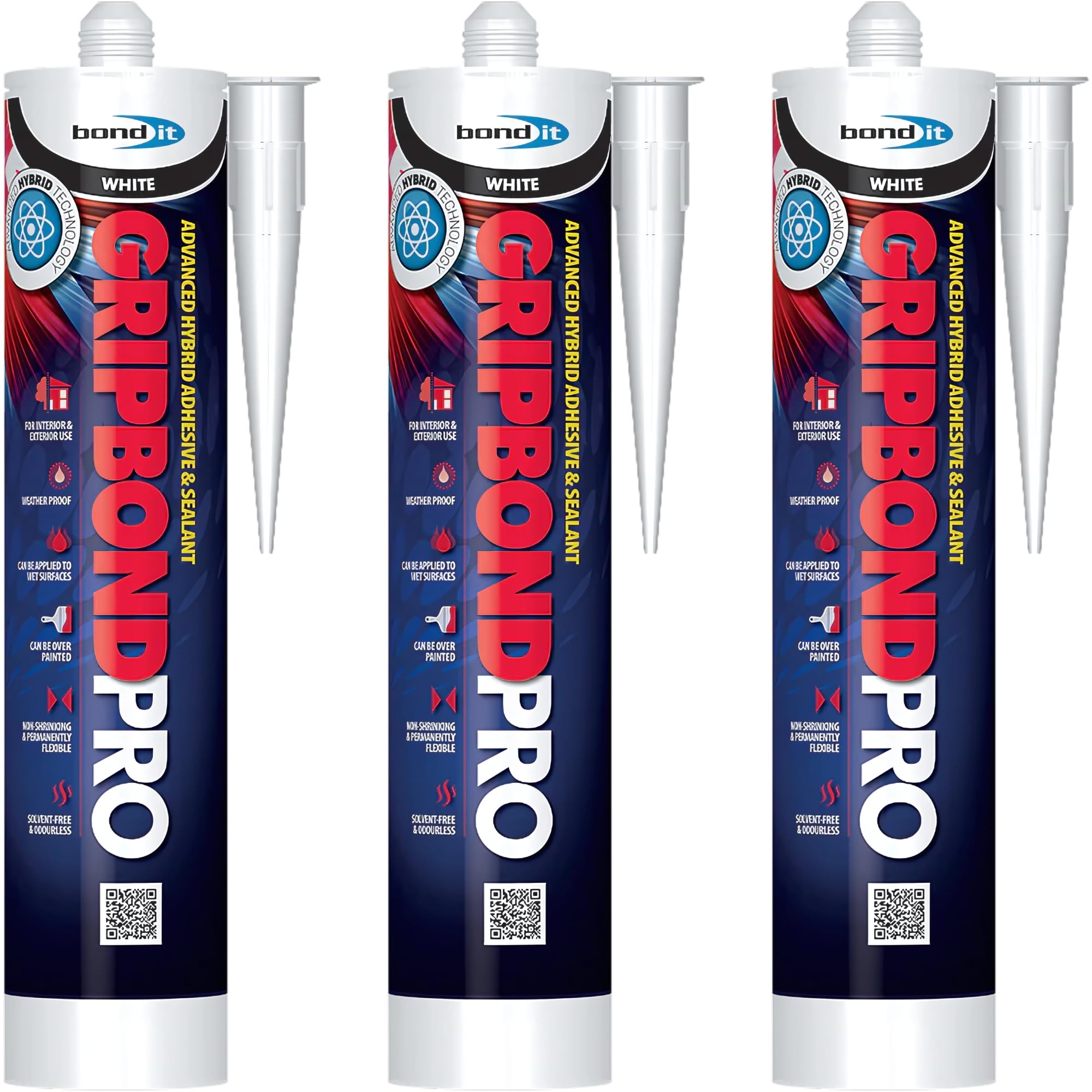 Bond It White Gripbond Pro Superior Bond Hybrid Polymar Sealant and Adhesive Pack of 3 (285 ml Each) - Multi-Surface Interior and Exterior Silicone Sealant Use – No Isocyanates, High-Strength Flexible