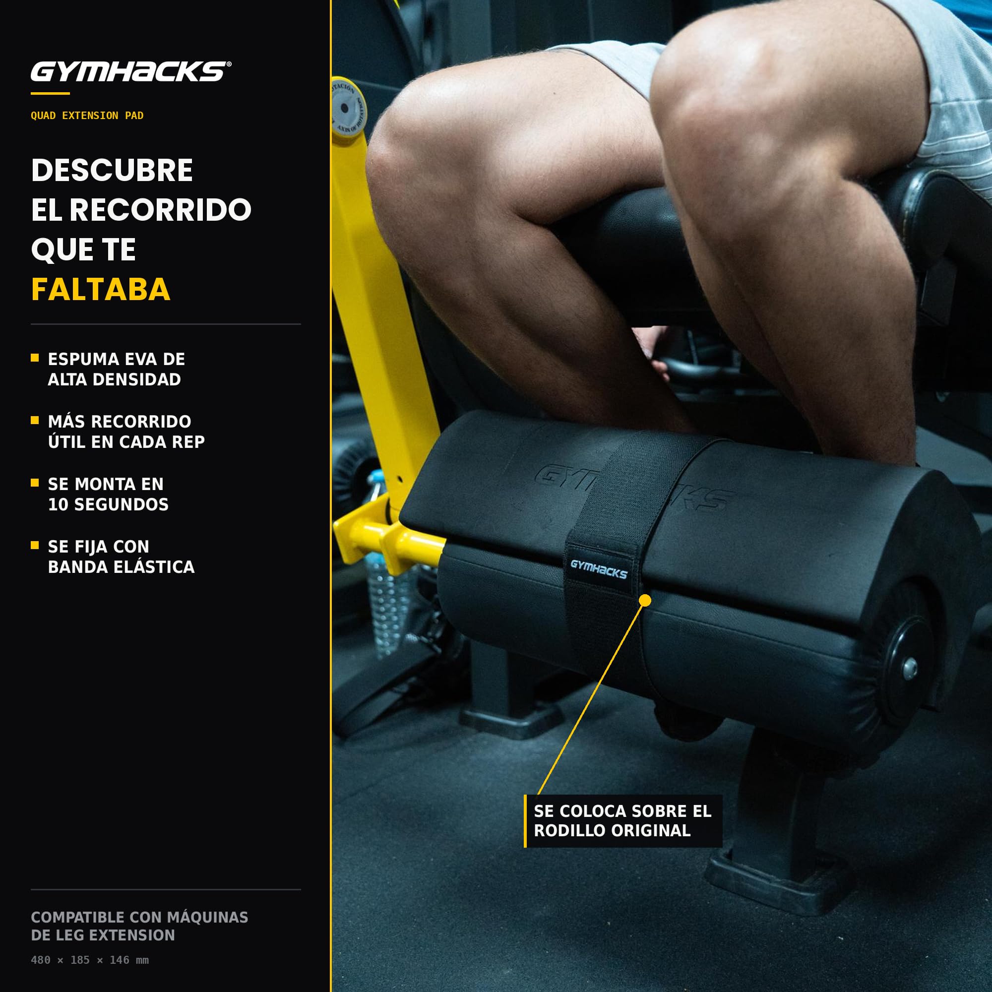 Almohadilla para Extensión de Cuádriceps - Pad para Máquina de Leg Extension, Amplía el Recorrido y el Estiramiento del Cuádriceps, Espuma EVA Alta Densidad, 48 cm, Negro
