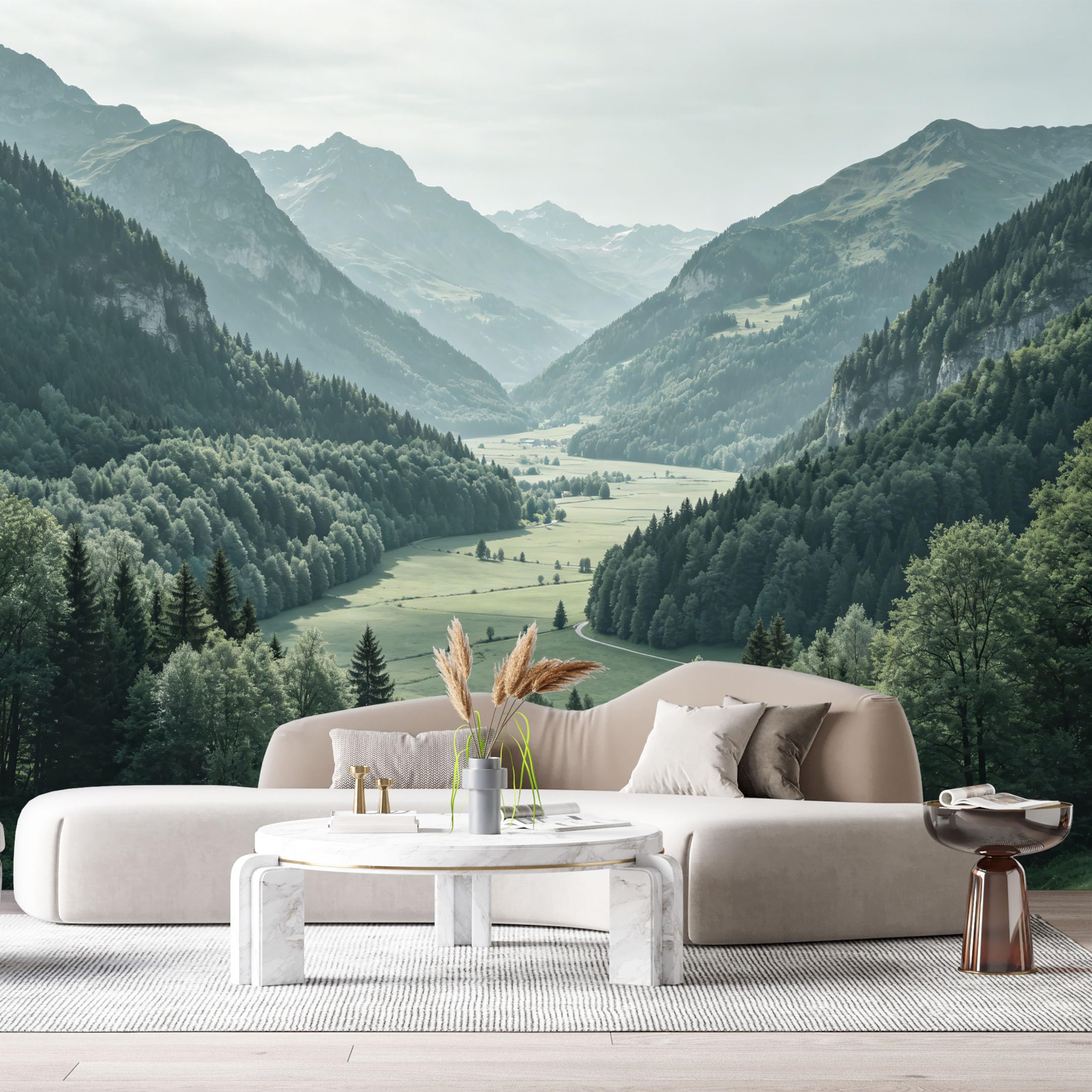 Custom Size Wall Murals Mountain Valley Landscape Forest View Misty Hills SelfAdhesive Wall Fabric Removable Large Wallpaper for Photo Living Room