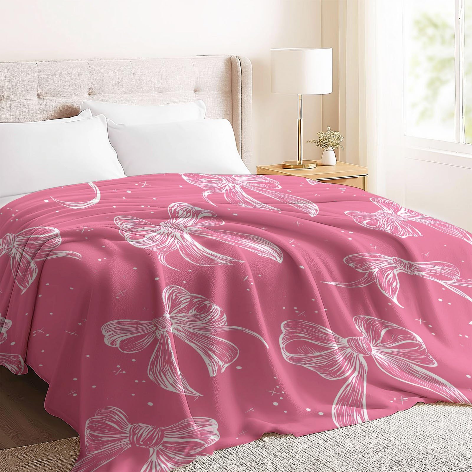 Vintage Rustikal Kuscheldecke Schleifen Sterne Mond Decke Tagesdecke Wohndecke Rosa, Couchdecke Weich Warm Flauschig, Sofa Decke für Reisen Zelten Outdoor, 150 x 200 cm