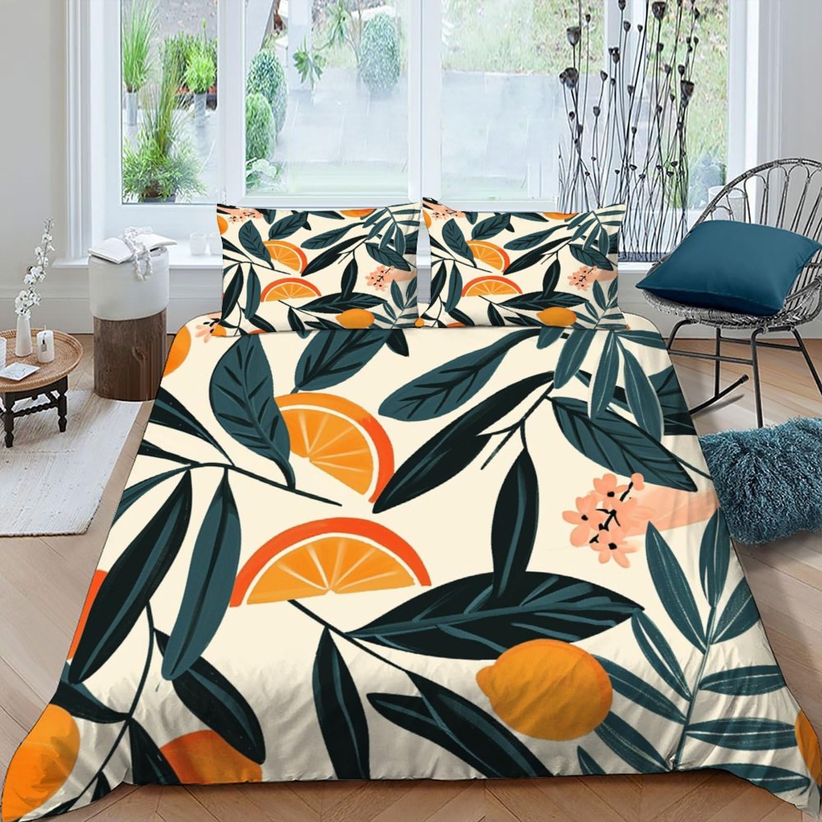 Housse de couette orange fleurie en 220x240 pour métamorphoser votre chambre en oasis de nature