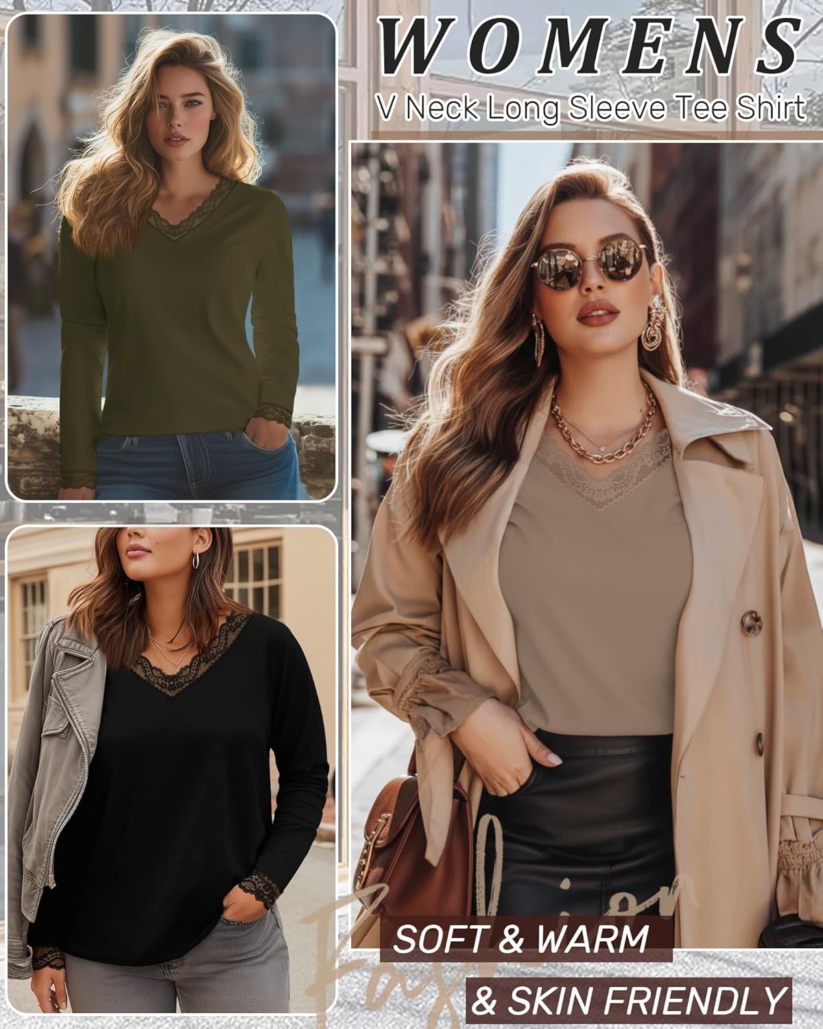 3 Pack Women's Plus Size Long Sleeve T-Shirts, Lace V Neck Loose Fit Tops Casual Fall Shirts Basic tee for Leggings - Image 2