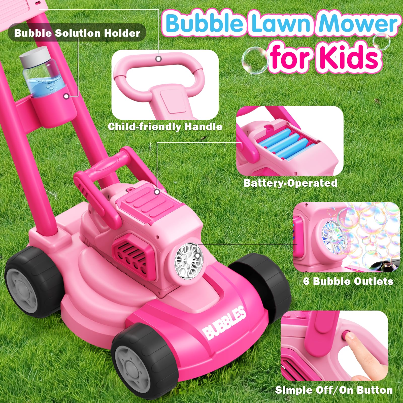 Bubble Lawn Mower for Kids, 3-in-1 Bubble Machine Blower with 10 Bubble Solution, Outdoor Push Toys for Toddlers Ages 3-8, Birthday Easter Summer Gift for Boys Girls 3 4 5 6 7 8 Year Old — view 5