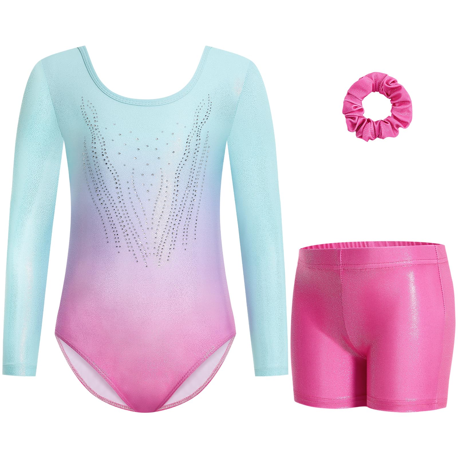 Gogokids Maillot de gimnasia de tres piezas para niña, de manga larga, con pantalones cortos y cinta para el pelo, ropa de gimnasia con diseño degradado para 3-12 años — view 35