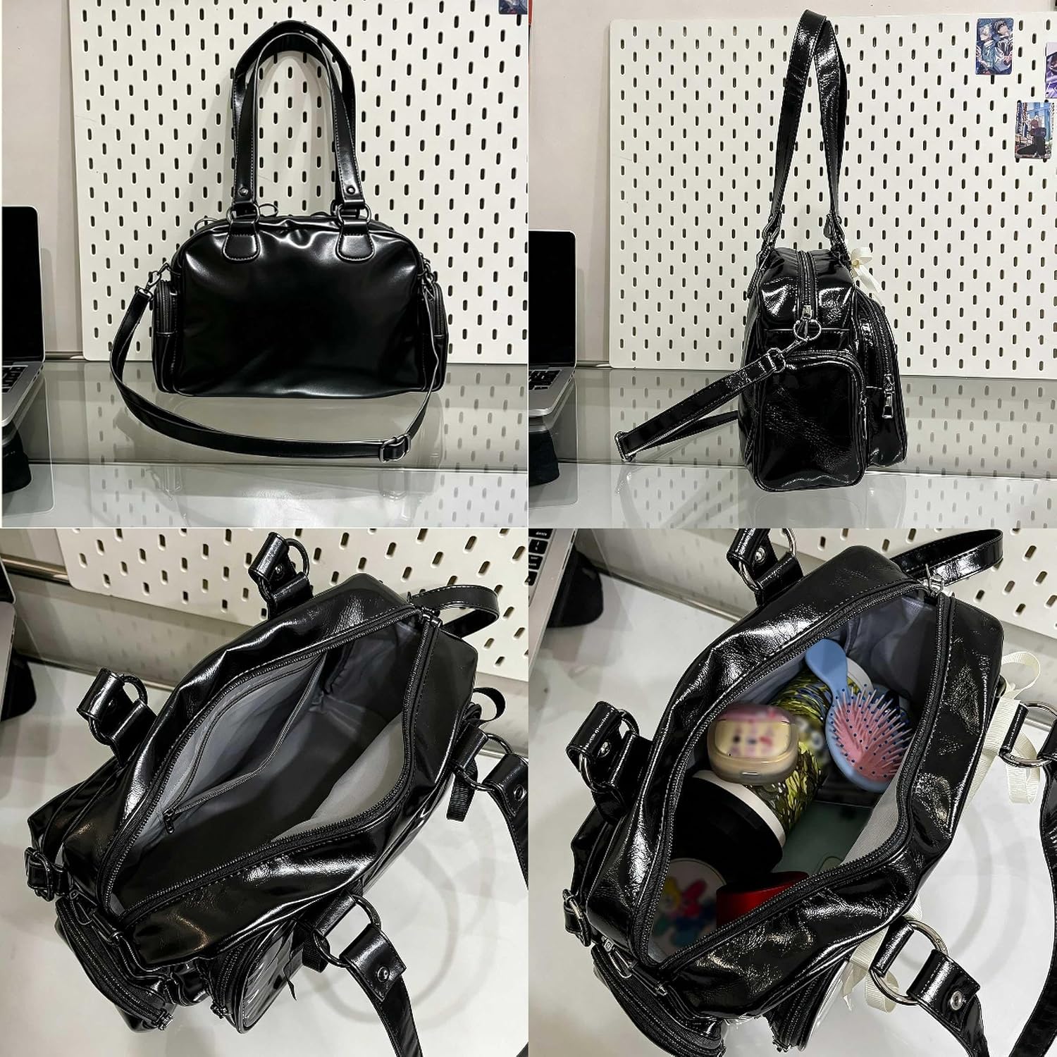black ita tote bag with bow, women's cute pin crossbody handbag pu satchel bags, ladies kawaii medium shoulder purses for women trend
