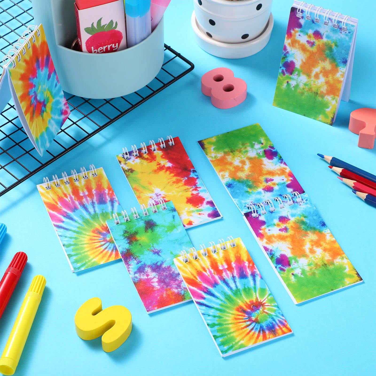 24 szt. mini tie-dye notebooki, pastelowa sztuka, impreza, małe notatniki, tie-dye, spiralna kieszonka, notatnik na imprezę, hipisowski, mini notatnik dla dzieci, nauczyciela, artykuły szkolne,