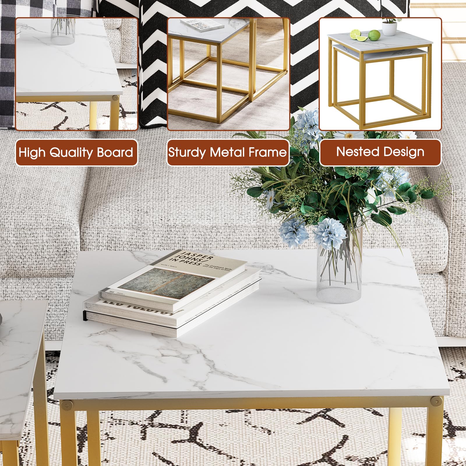 Juego de 2 mesas auxiliares, mesa anidable de madera de ingeniería moderna, juego de mesa central cuadrada con marco de metal, mesas auxiliares, mesa auxiliar anidable para sala de estar 7