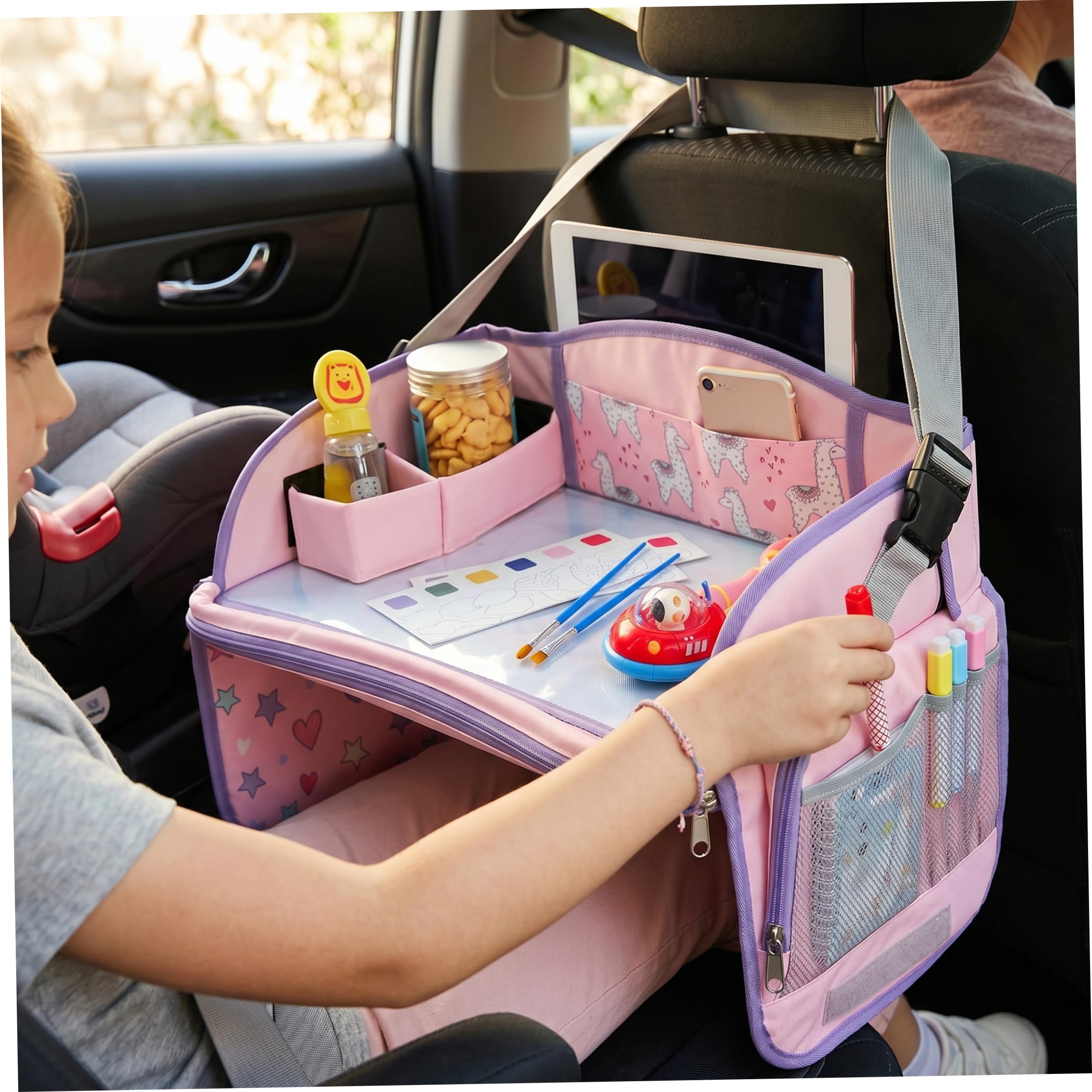 Vassoio per auto per bambini, tavolino portatile per seggiolino auto per bambini Tavolo pieghevole compatibile con touchscreen con spazio organizzato per giocattoli, libri, snack, Style-2