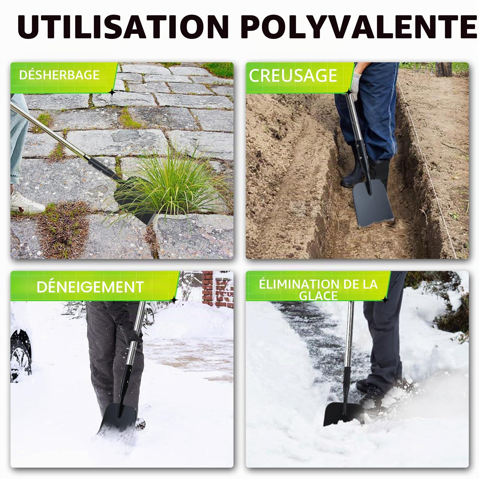 BARAYSTUS Pelle de jardin multifonction en acier au carbone, grattoir à glace avec poignée réglable pour lutter contre les mauvaises herbes, la glace dure et la neige gelée sur les trottoirs et les