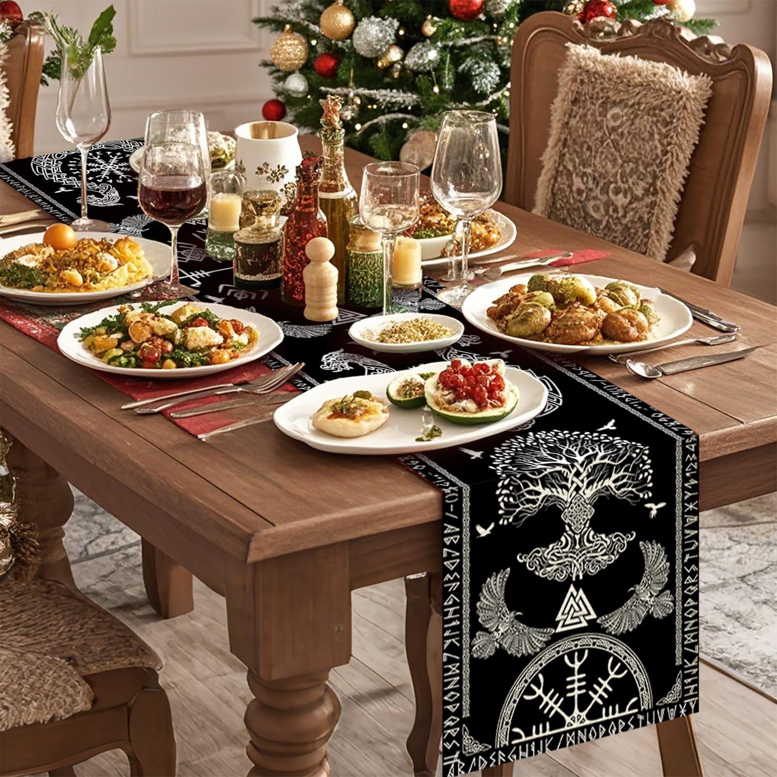 Black Viking Sacred Tree Celtic Raven Helmet of Awe Table Runner Seasonal Spring Fall Kitchen Dining Linen Table Decoration for Indoor Outdoor Home Party Dinner 13x72 Inch - Image 3