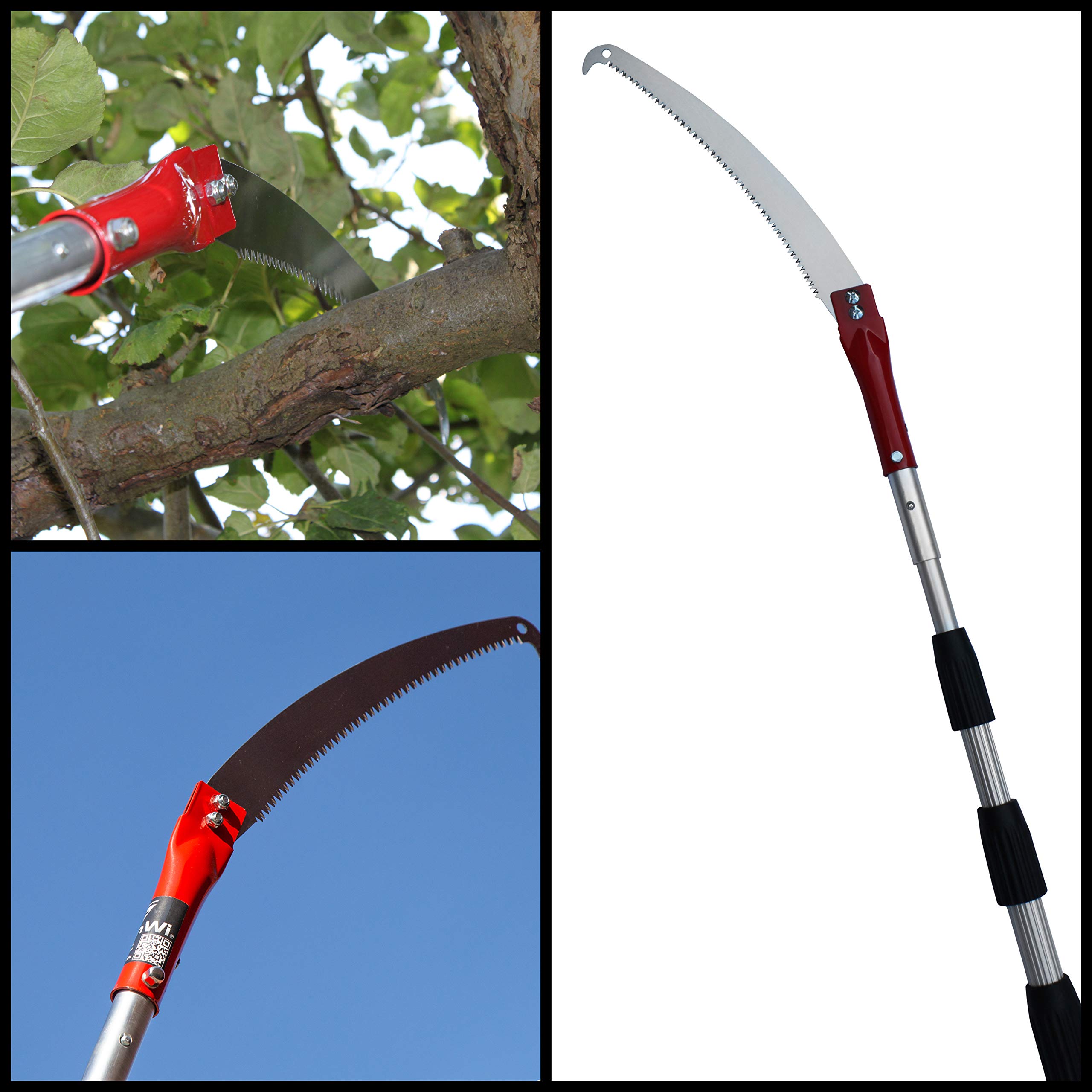 FenWi Teleskop Baumpflege Gartengeräte Set mit 6m Aluminium Teleskopstange, Astschere (Raupenschere mit Zugschnur), Astsäge, Obstpflücker und Baum-Haken - bis zu 8,50m Höhe