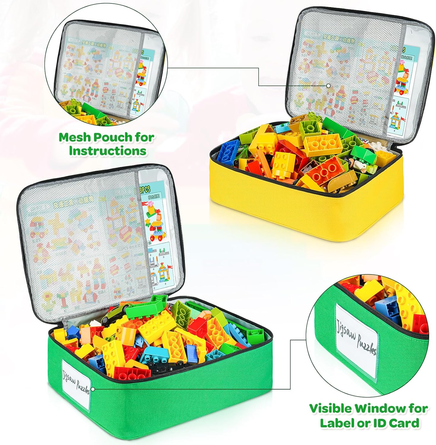 5 Pcs Toy Storage Bags Compatible with Lego Bricks,Building Blocks,Toy Car,Puzzles with Mesh Pocket and Tag Pocket,4 Pack Magnetic Tiles Storage Bags for Magnet Building Tiles,Board Game,Puzzle and Le