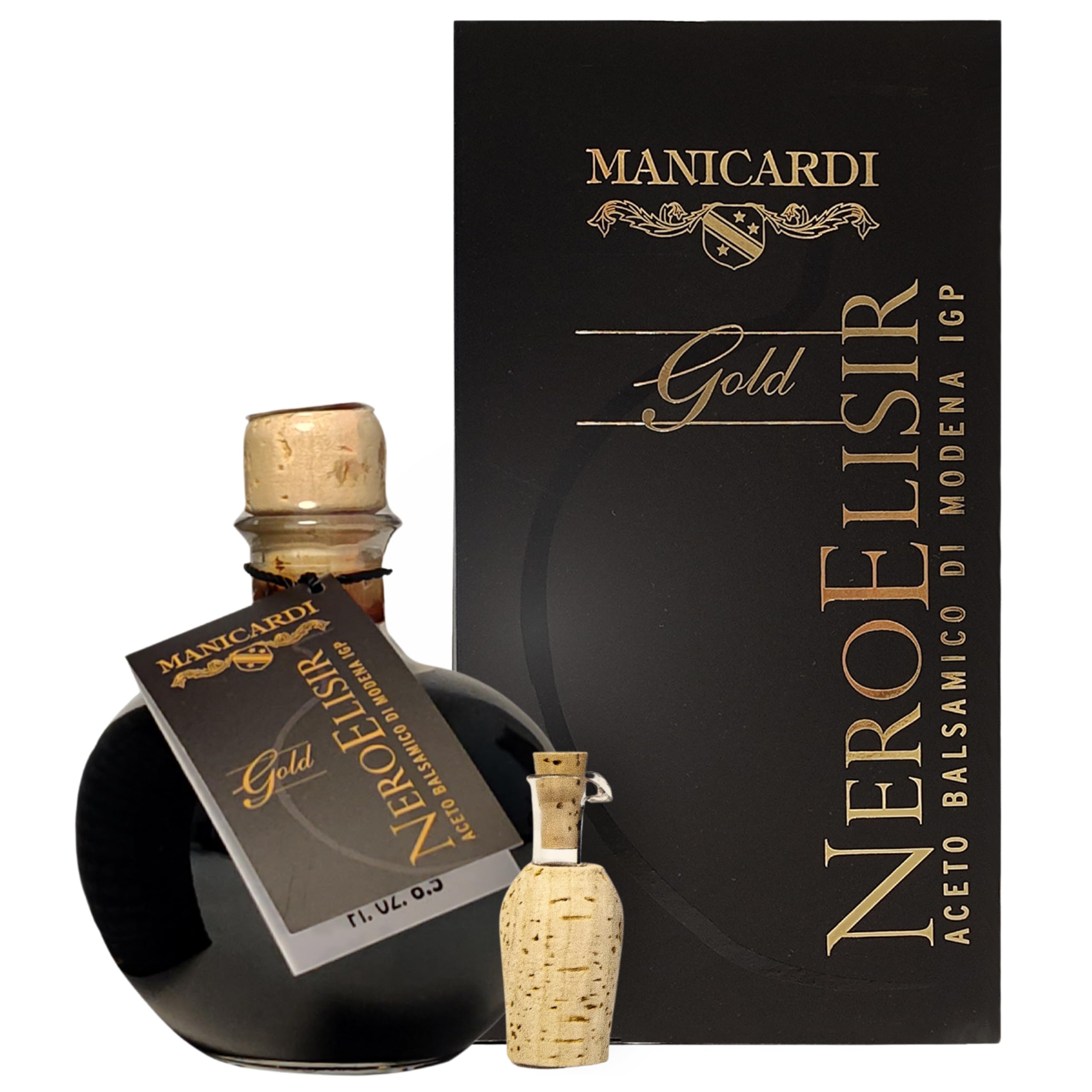 MANICARDI Vinaigre Balsamique de Modène IGP Nero Elisir Gold - Produit Italien avec bec verseur anti-goutte - Dense, parfait pour fromages, légumes, viandes rôties, fraises et glace, 250 ml