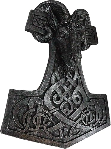 Miniatura 3 de Ebros Gift Viking Ram Skull Thor Hammer con runas, decoración de pared de dios del trueno nórdico Mjolnir de Thor, figura de mitología escandinava