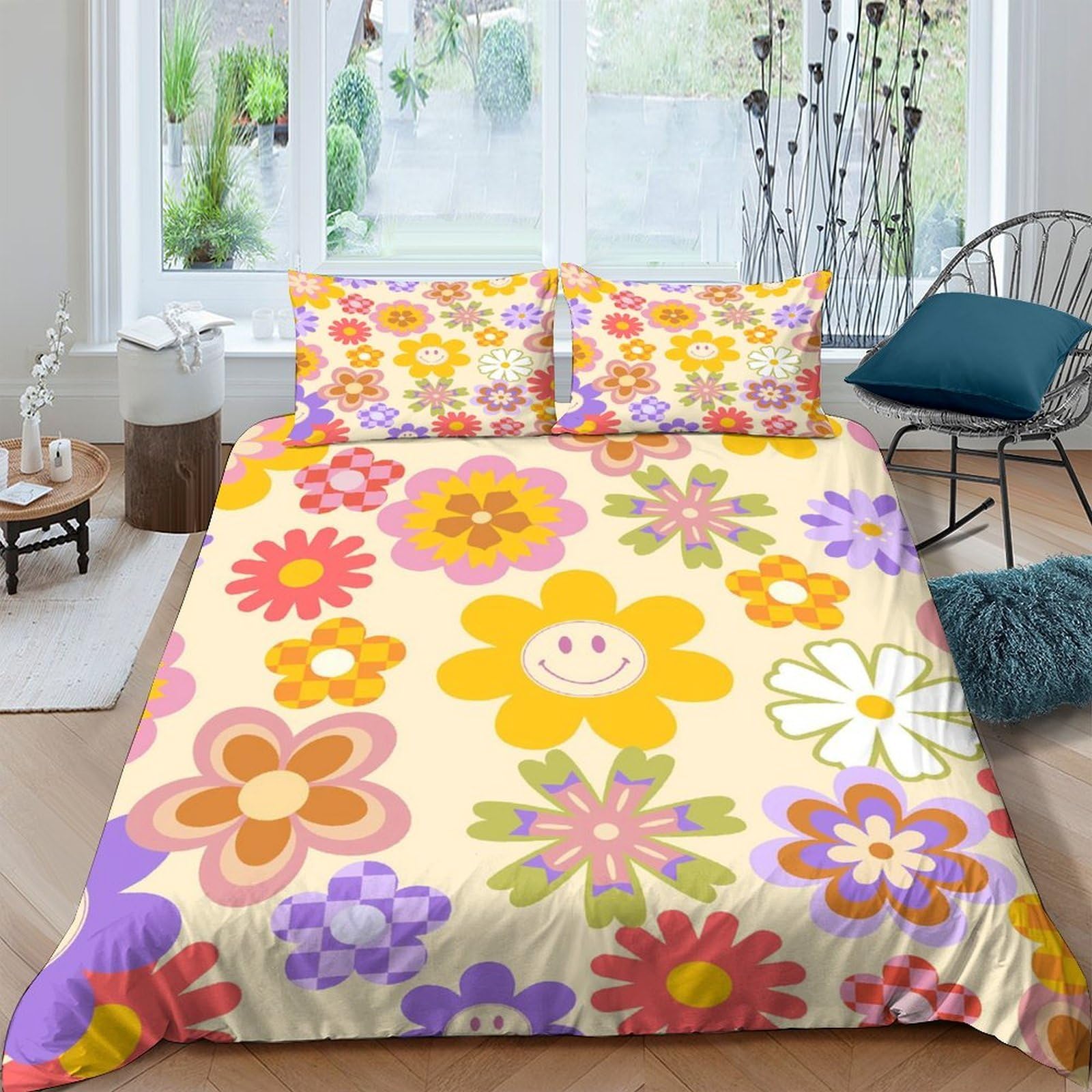 Ctjqhvkz Style-6 3D Printed Colorful Flower Fitted Sheet Microfiber Slip-Resistant Smiley Daisy Bed Cover For Bedroom Guest Room Decor Single（135X200cm）