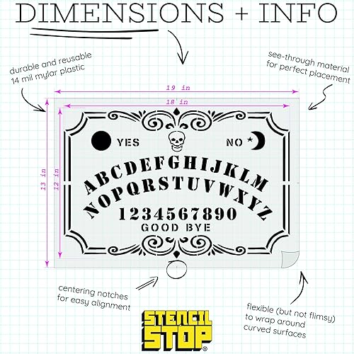 Vista 6 de Stencil Stop Ouija - Plantilla de tablero – 9 x 6 pulgadas – Plantillas reutilizables para pintar en madera, paredes, tela y rocas – Plástico Mylar