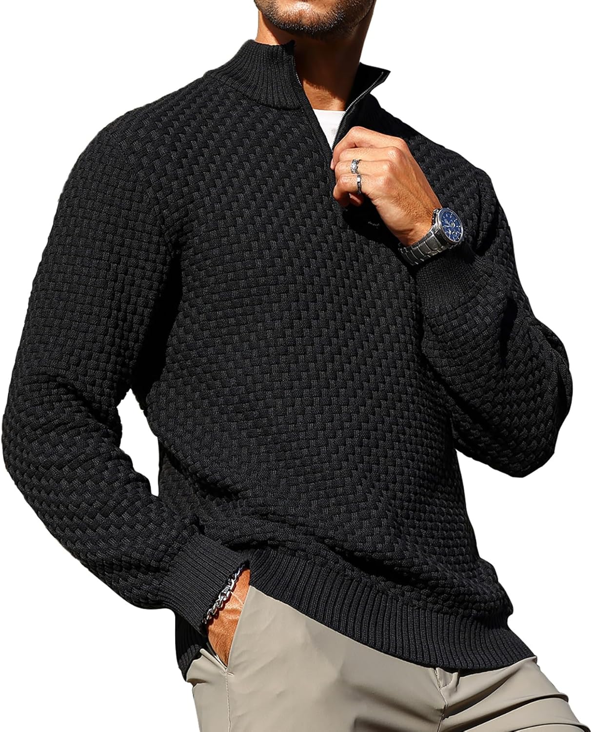 Zaitun Men's Quarter Zip Sweaters Polo Zip Up Pullover Waffle Knit Mock Neck Turtleneck