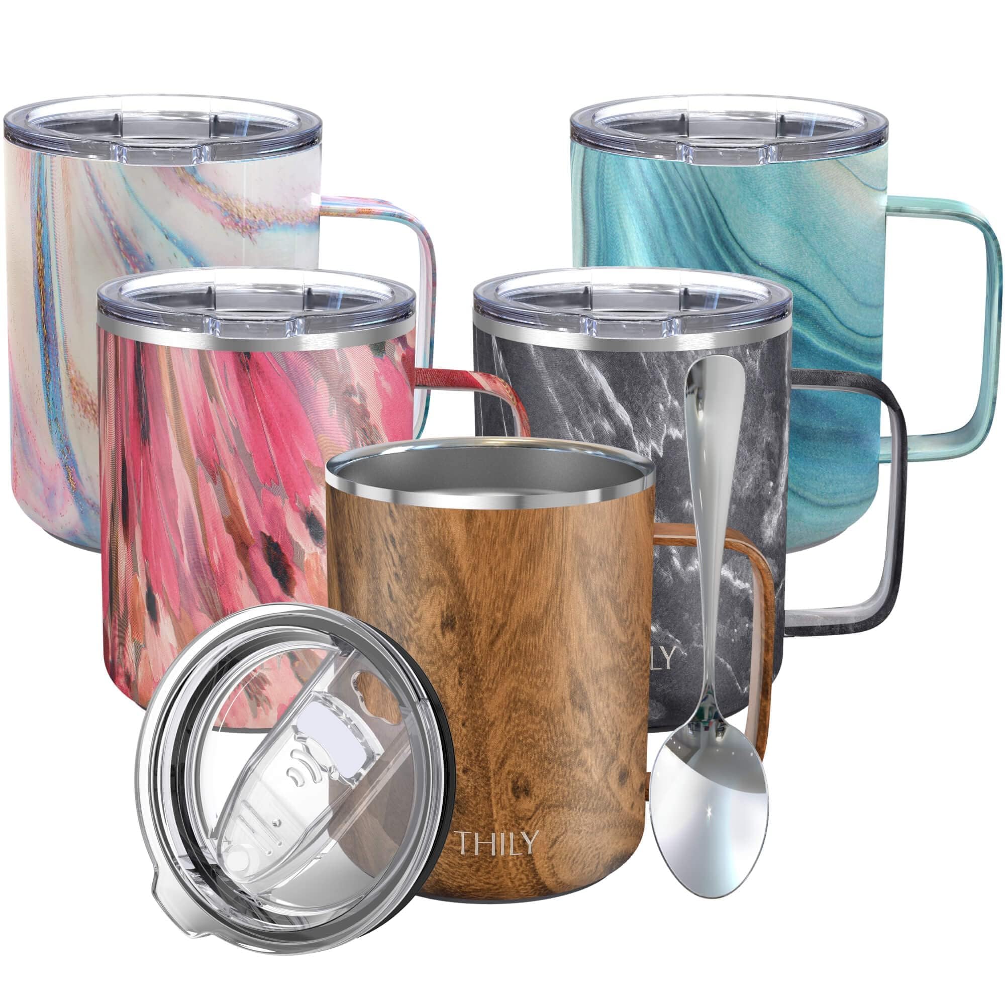 THILY Insulated Coffee Mug Stainless Steel 350ml Vacuum Insulated Coffee Cup with Handle Leakproof Lid Reusable BPA Free Keeps Coffee Cold or Hot Original Wood Grain