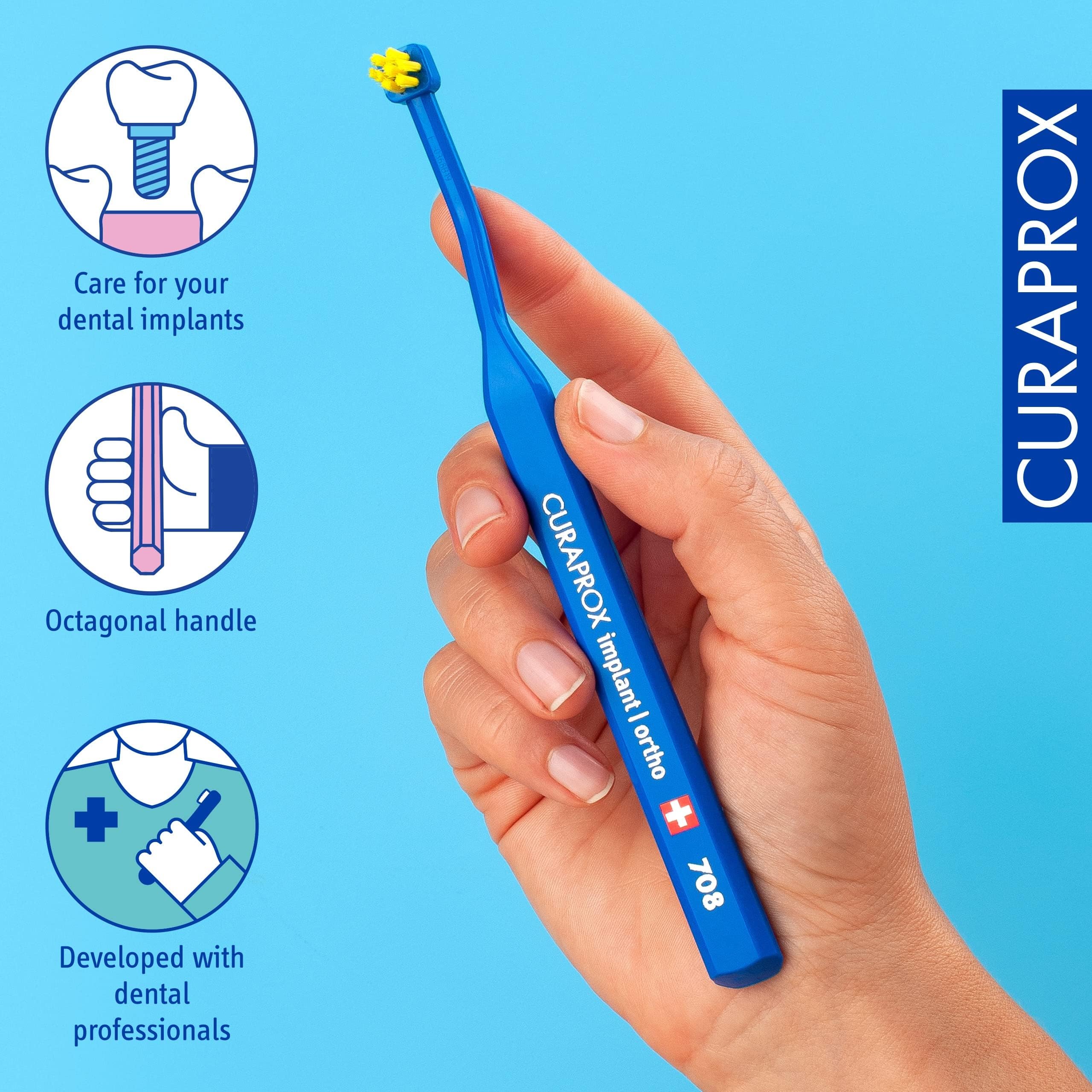 Curaprox implant toothbrush-do implantów, aparatów ortodontycznych i trudnych miejsc/Elastyczna głowica do precyzyjnego czyszczenia/Niebiesko-żółty/pojedyncze opakowanie/Made in Switzerland