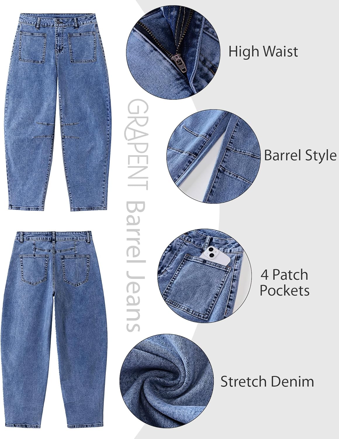 GRAPENT Barrel Jeans for Women Trendy Cropped High Waisted Patch Pocket Baggy Stretch Denim Pants Casual Wide Leg Jeans - Image 6