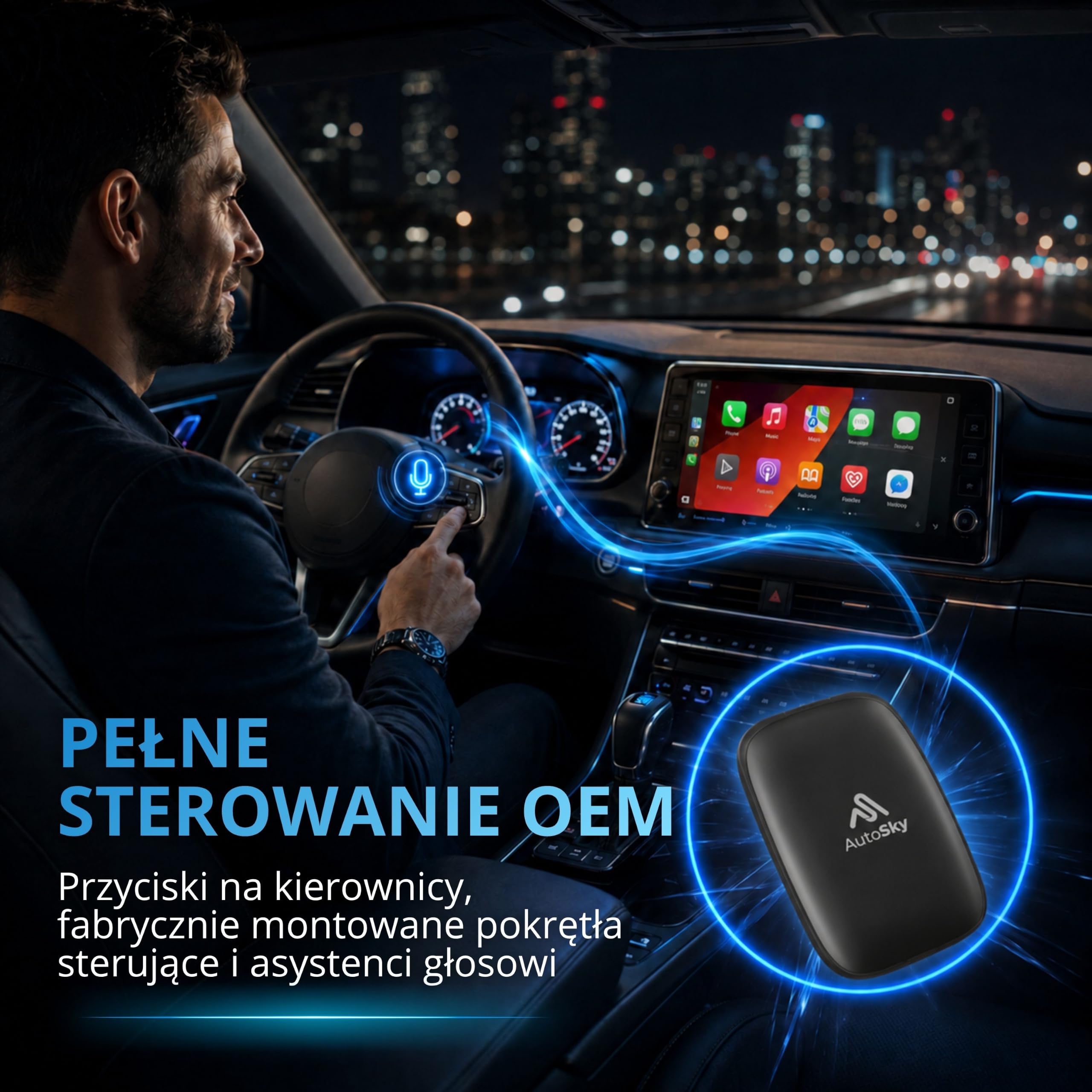 AutoSky Bezprzewodowe CarPlay i Android Auto AI Box Lite do fabrycznych przewodowych samochodów CarPlay - obsługuje Netflix YouTube i Gmail - Go Wireless ze wszystkimi funkcjami Wired CarPlay i