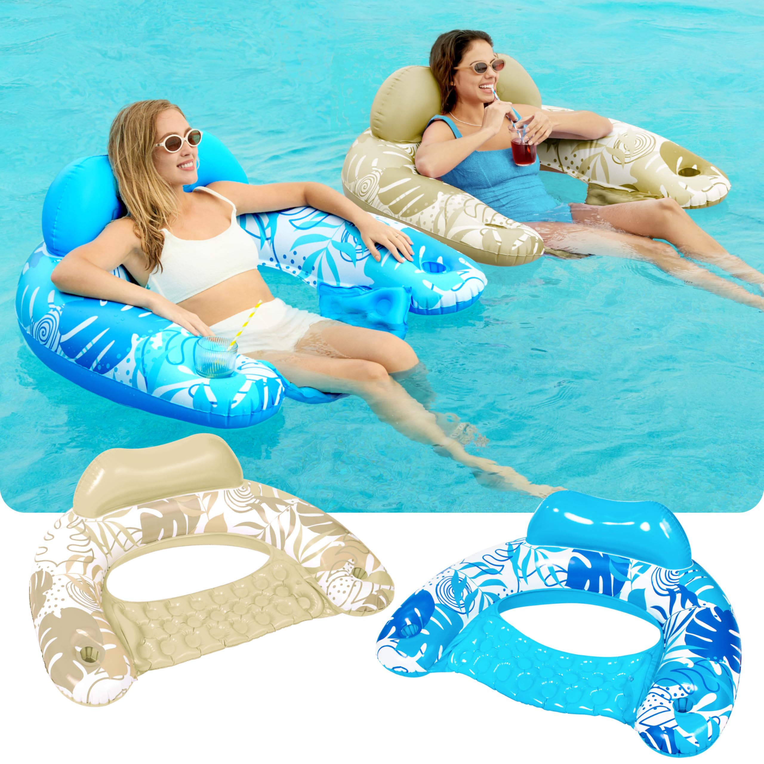 SLOOSH Aufblasbare Pool-Flöße für Erwachsene, 2er Poolstühle mit Getränkehaltern, aufblasbarer schwimmender Poolstuhl, Pool-Flöße für Erwachsene, Schwimmparty, Sommer-Wasserfreude