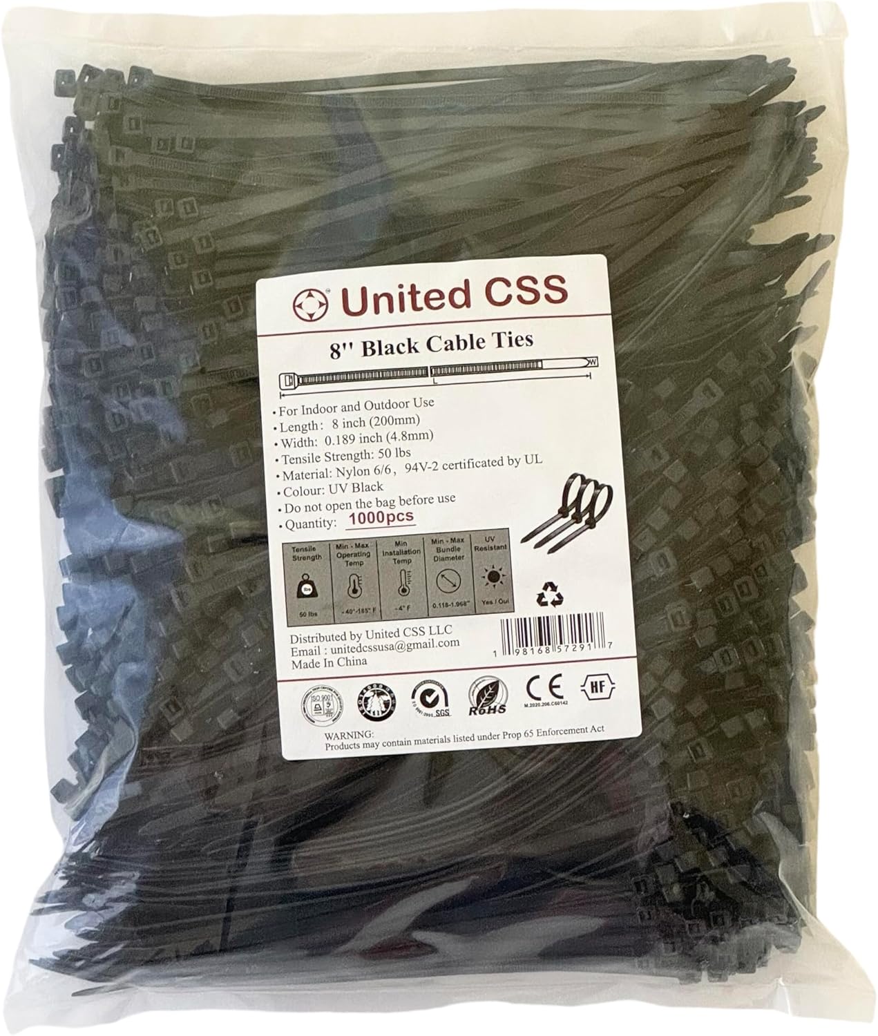 Cable Zip Ties 8 Inch Black, 1000 Pcs, 50 Lbs Tensile Strength, Self-locking UV Resistant Plastic Nylon Wire Ties, for Indoor and Outdoor Use, by United CSS (8" Black 50lb 1000pcs)