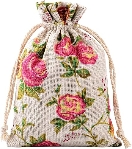 Miniatura 4 de Pangda Paquete de 30 bolsas de arpillera de tamaño pequeño con cordón de color rosa de 3.9 x 5.3 pulgadas, bolsas de regalo de lino, bolsas de