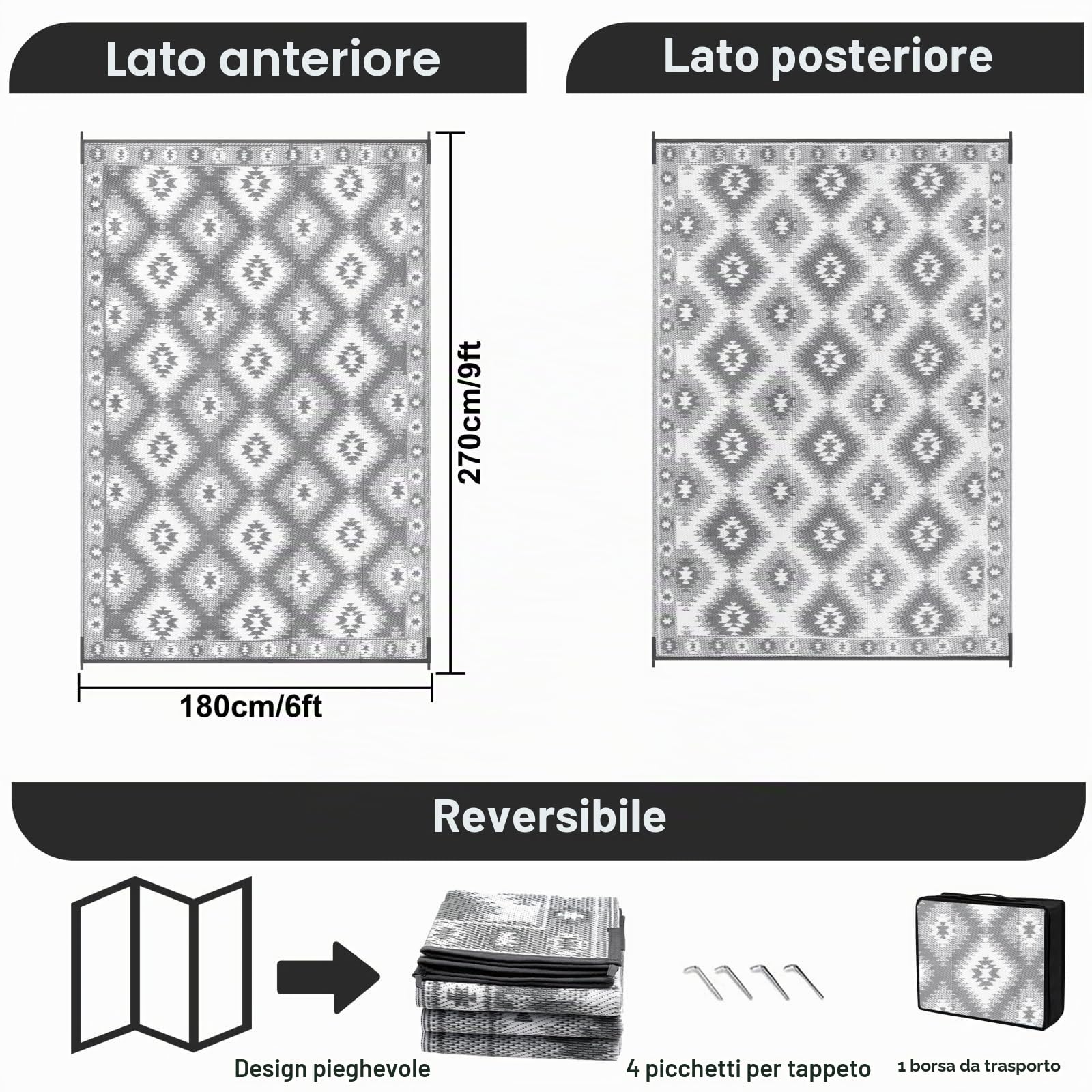 SHACOS Tappeto per Esterni Grande 180x270 cm Grigio Reversibile resistente alle intemperie UV Plastica Campeggio Balcone Terrazza Spiaggia