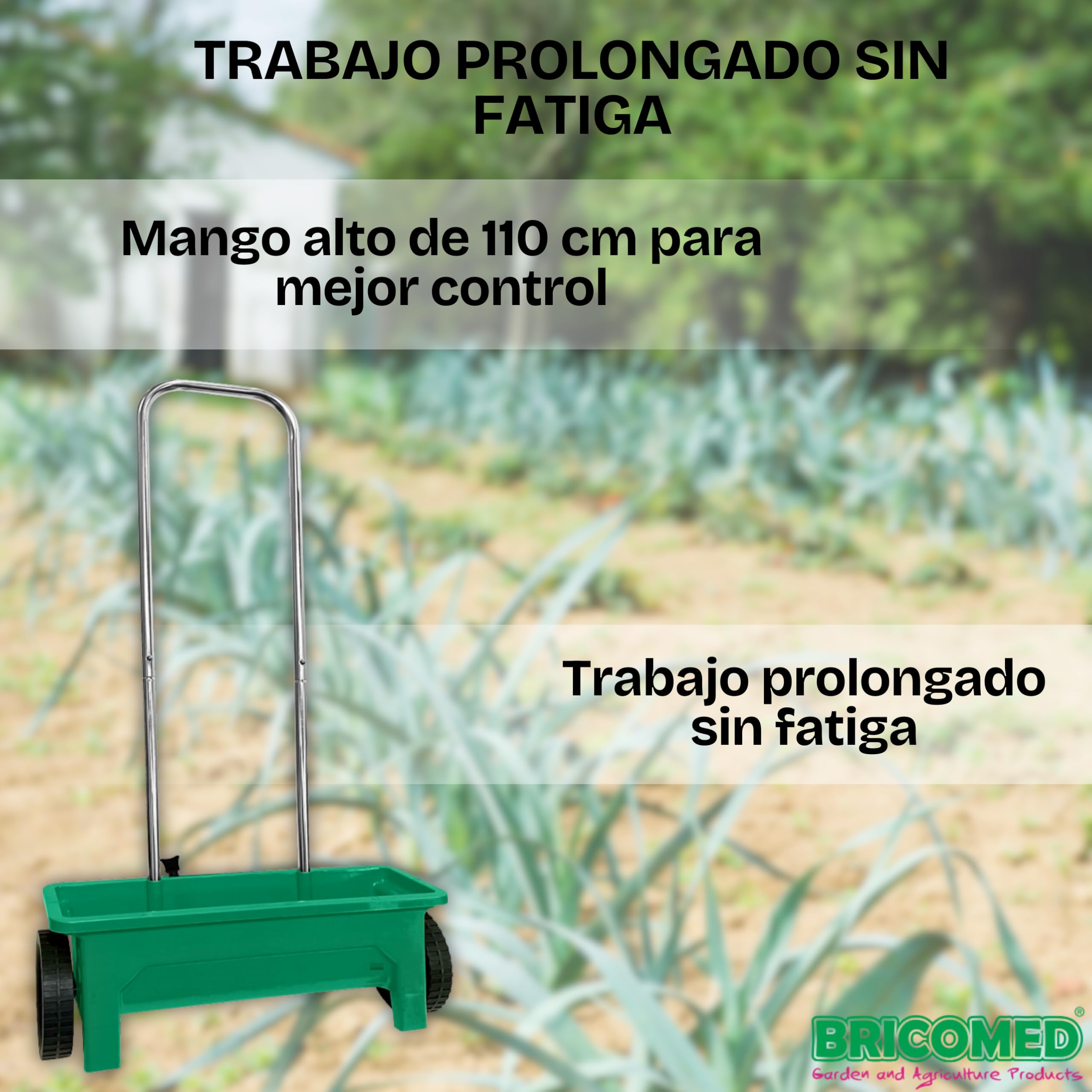 Carro sembrador 12 litros Cabezal de esparcimiento de 50cm. Ideal para abonar, sembrar y fertilizar. Regulador de cantidad